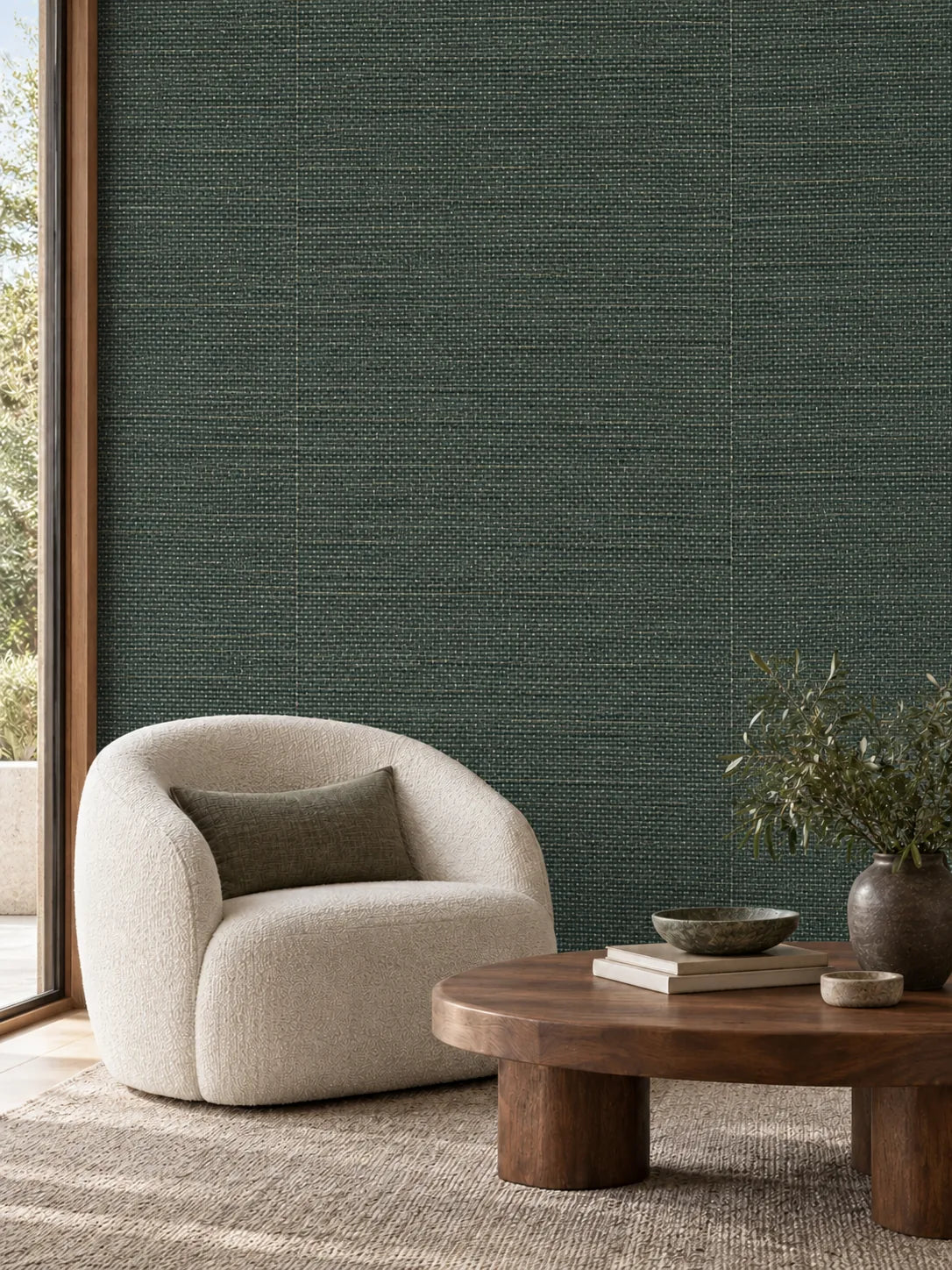 Dark Forest Green Textured Abaca Wallpaper — styled terrace sitting room - fine weave v2 visualisation of tone and texture, with subtle flush wallpaper joins