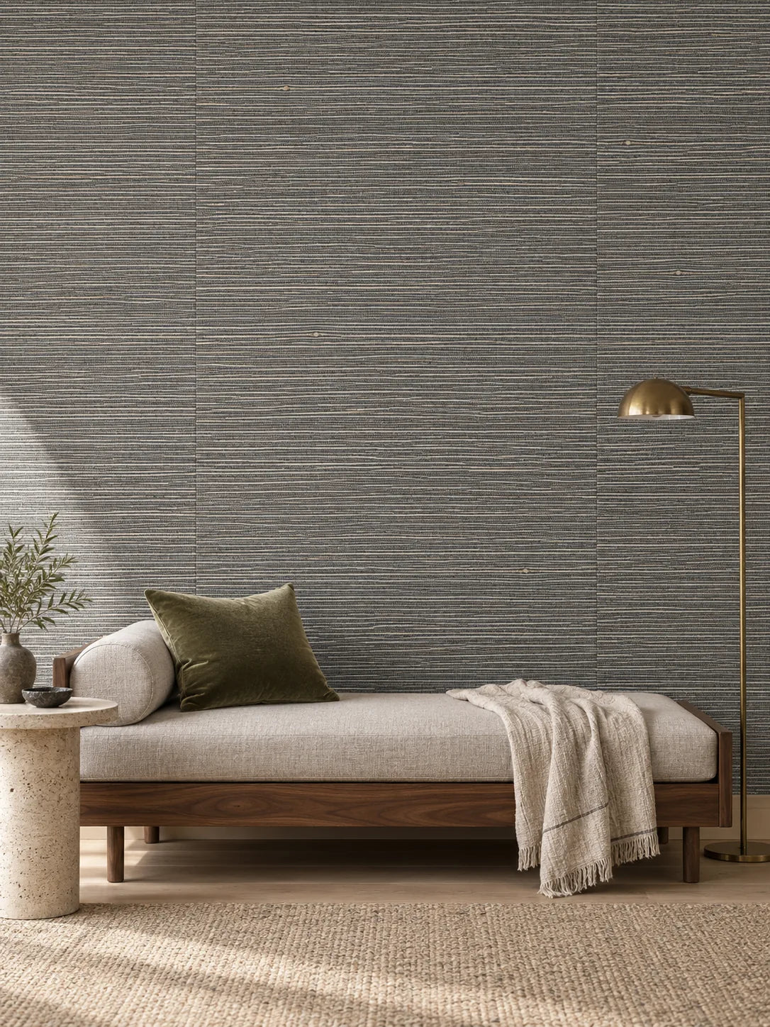 Charcoal Grey Fine Weave Abaca Wallpaper — styled quiet guest sitting room visualisation of tone and texture, with subtle flush wallpaper joins