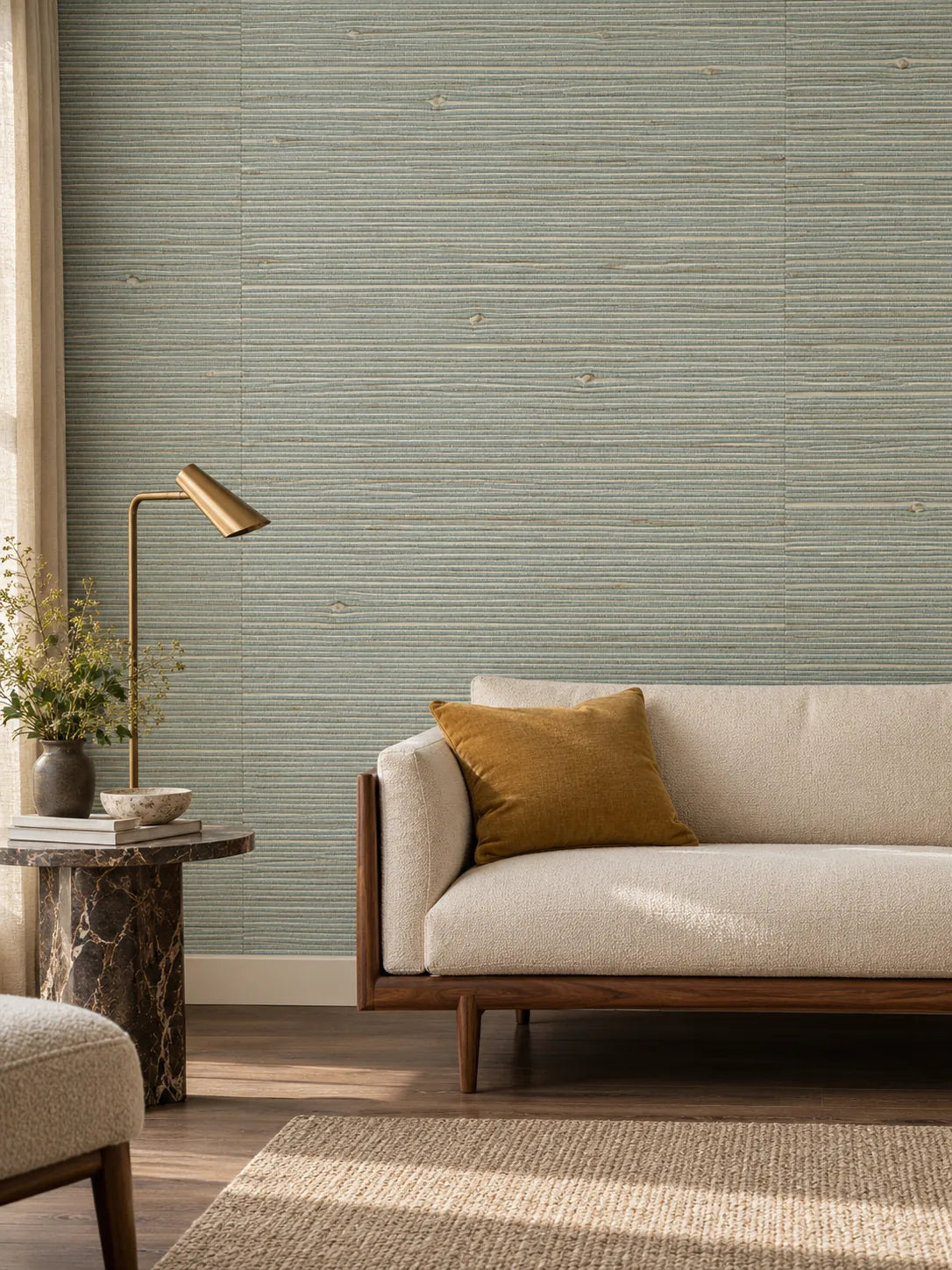 Sage Grey Linear Abaca Wallpaper — styled walnut salon visualisation of tone and texture, with subtle flush wallpaper joins