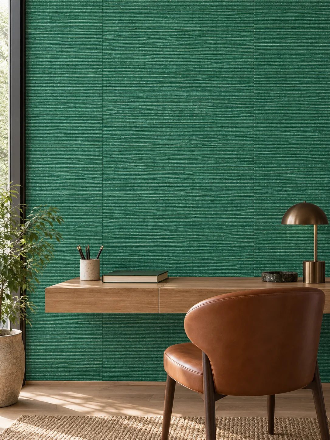 Deep Emerald Green Woven Abaca Wallpaper — styled olive timber study visualisation of tone and texture, with subtle flush wallpaper joins