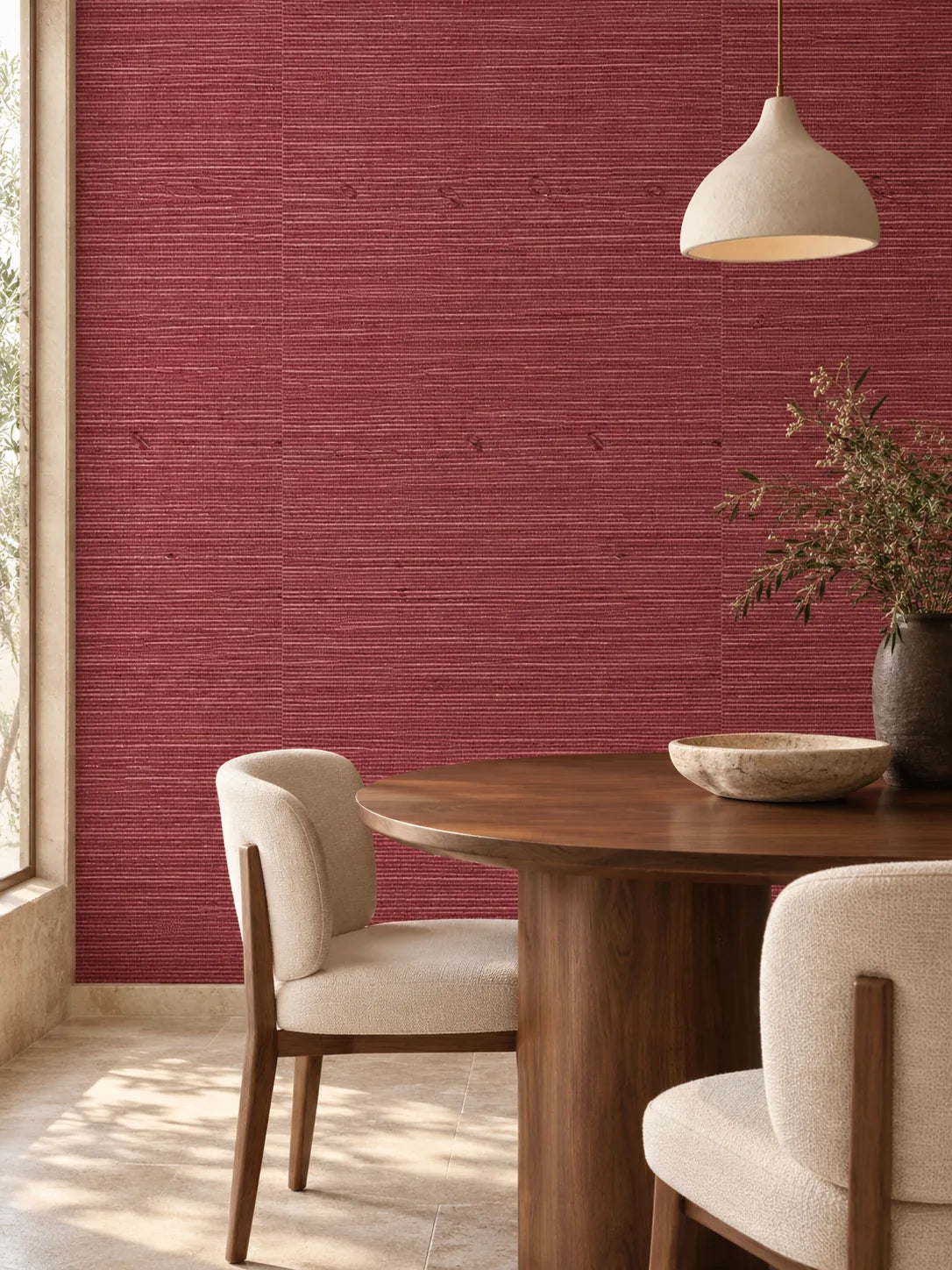 Burgundy Fine Weave Abaca Wallpaper — styled evergreen dining corner visualisation of tone and texture, with subtle flush wallpaper joins