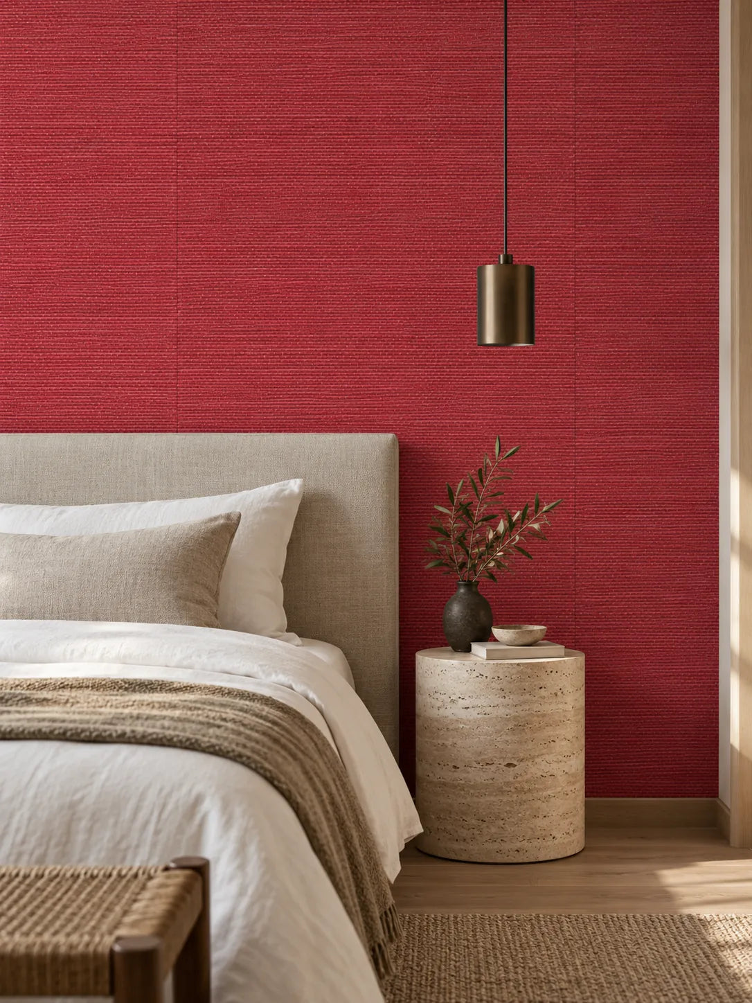 Cherry Red Basketweave Abaca Wallpaper — styled travertine bedroom visualisation of tone and texture, with subtle flush wallpaper joins