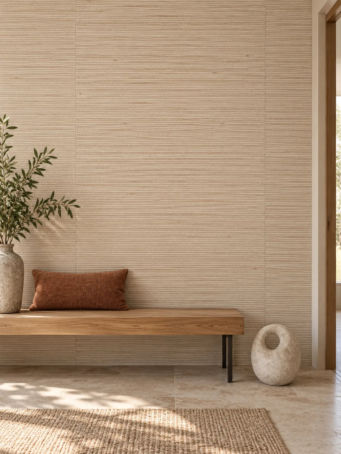 Taupe Fine Weave Abaca Wallpaper — styled oak gallery entrance visualisation of tone and texture, with subtle flush wallpaper joins
