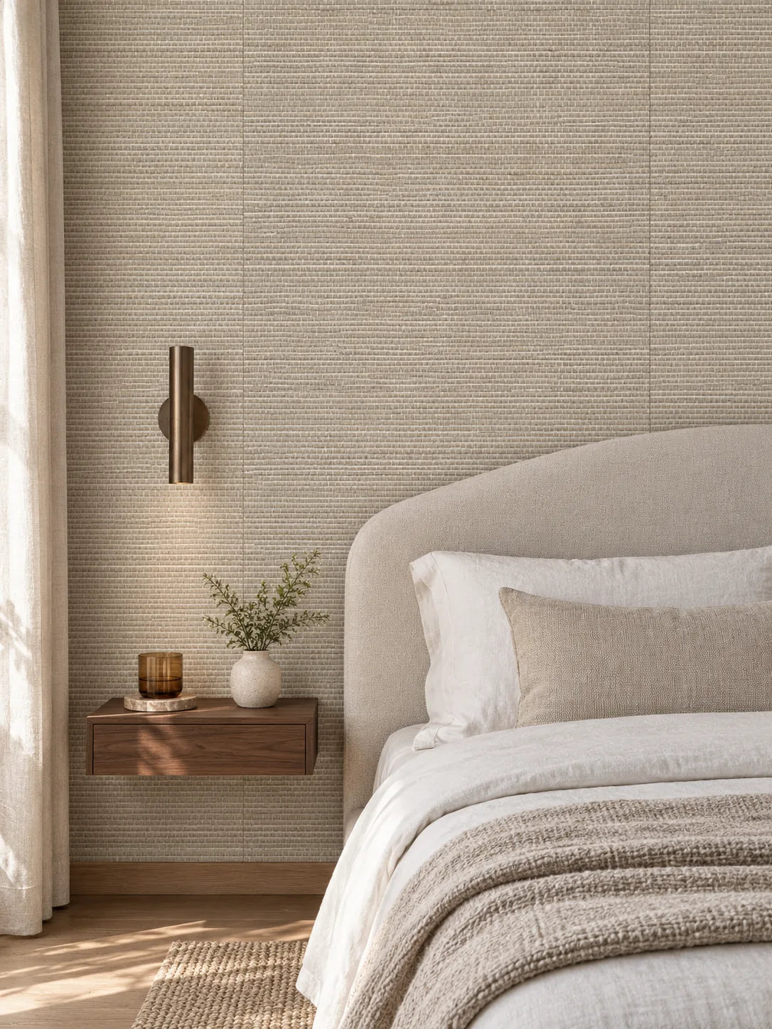 Warm Grey Woven Abaca Wallpaper — styled tailored guest bedroom visualisation of tone and texture, with subtle flush wallpaper joins