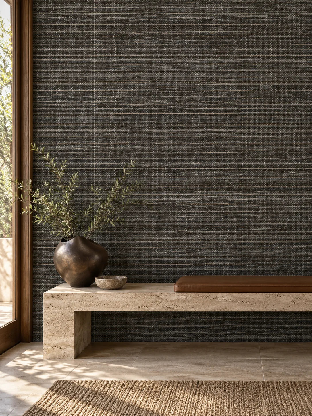Black Basketweave Abaca Wallpaper — styled stone foyer visualisation of tone and texture, with subtle flush wallpaper joins