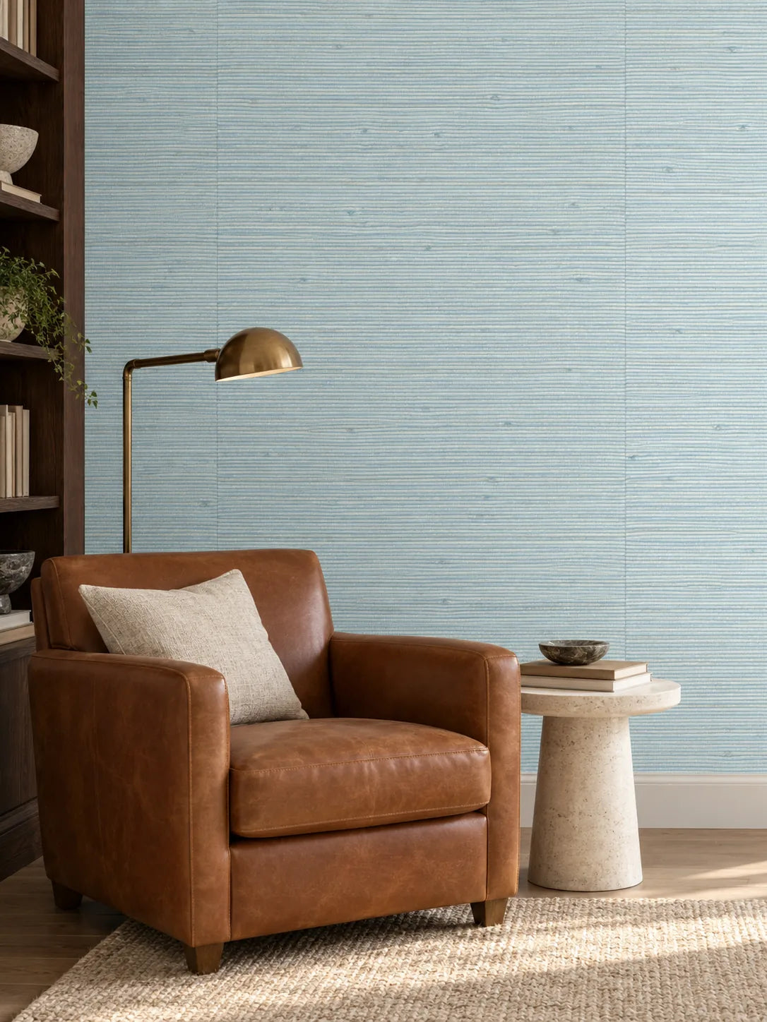 Pale Sky Blue Woven Abaca Wallpaper — styled collected library visualisation of tone and texture, with subtle flush wallpaper joins