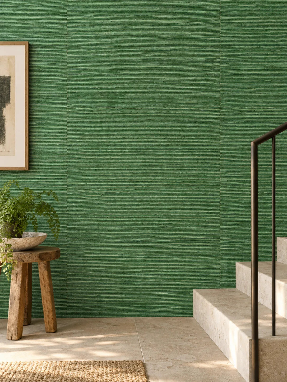 Forest Green Fine Weave Abaca Wallpaper — styled minimal stair landing visualisation of tone and texture, with subtle flush wallpaper joins