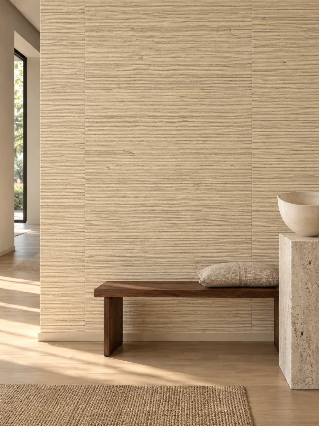 Cream Beige Fine Weave Abaca Wallpaper — styled sculptural hallway visualisation of tone and texture, with subtle flush wallpaper joins