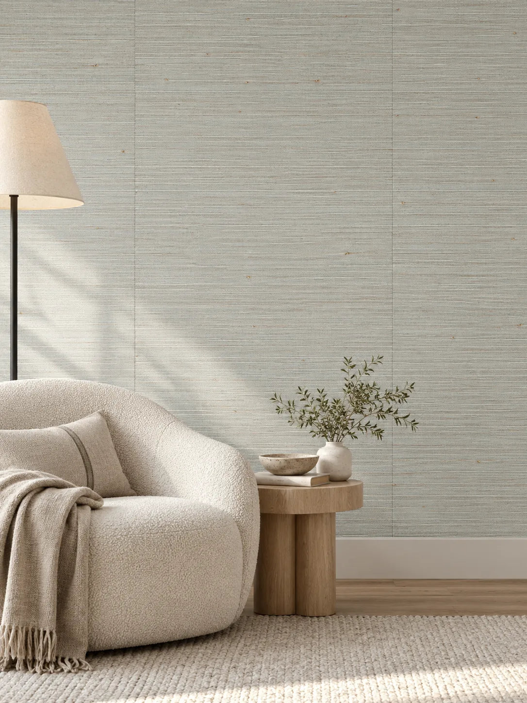 Light Silver Grey Woven Abaca Wallpaper — styled parchment living room visualisation of tone and texture, with subtle flush wallpaper joins