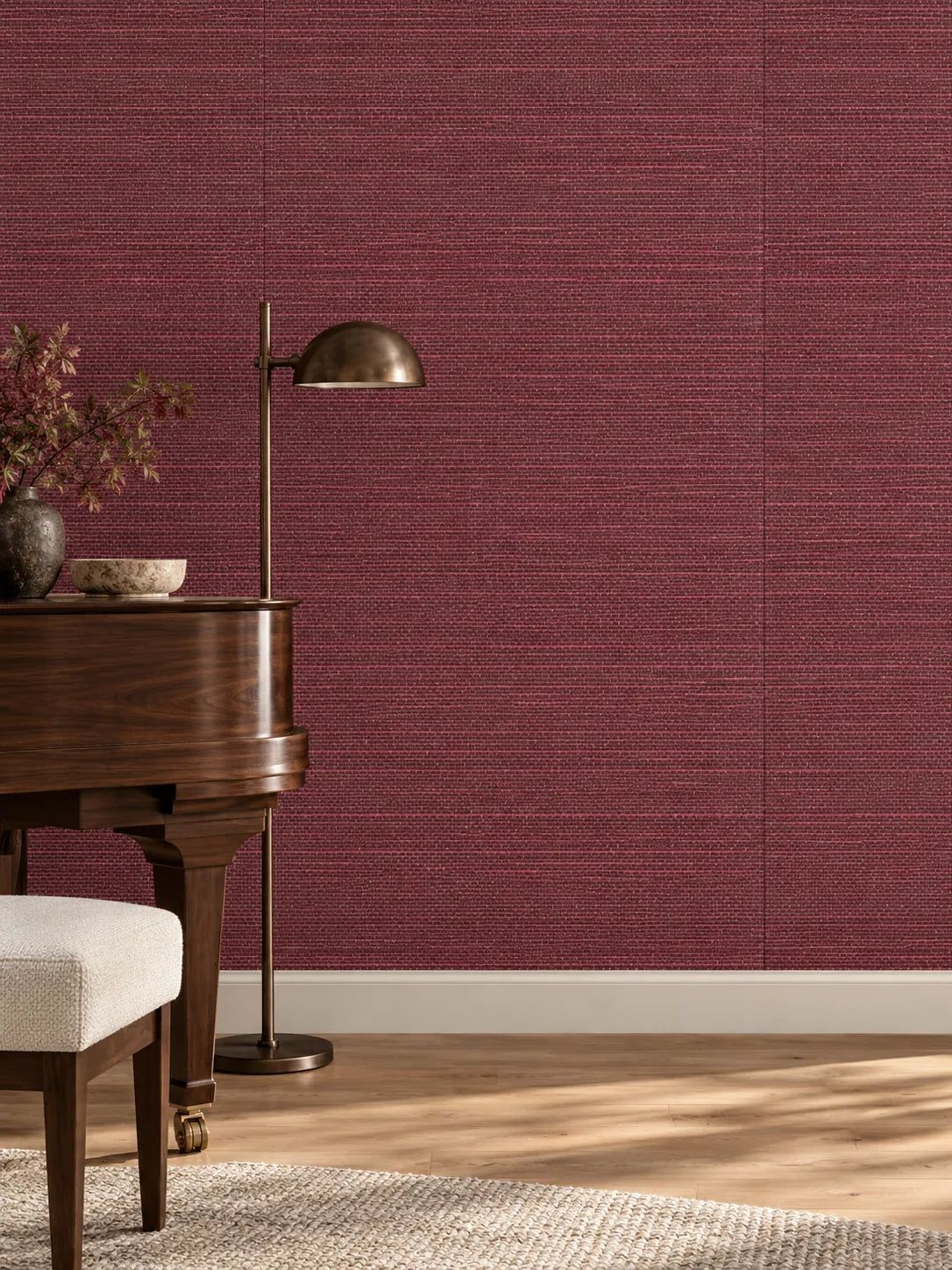 Dark Burgundy Textured Abaca Wallpaper — styled timber music room visualisation of tone and texture, with subtle flush wallpaper joins