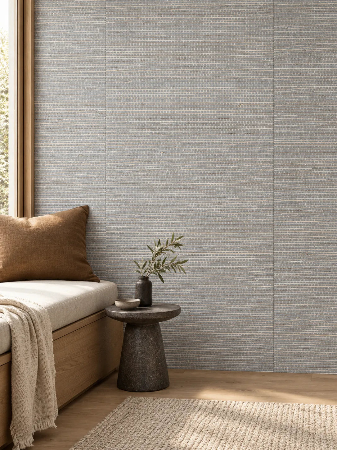 Silver Grey Striped Abaca Wallpaper — styled quiet window seat visualisation of tone and texture, with subtle flush wallpaper joins