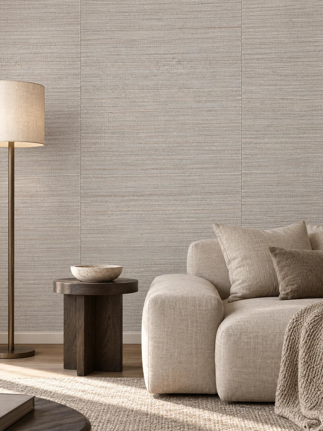 Grey and Beige Striped Abaca Wallpaper — styled calm media lounge visualisation of tone and texture, with subtle flush wallpaper joins
