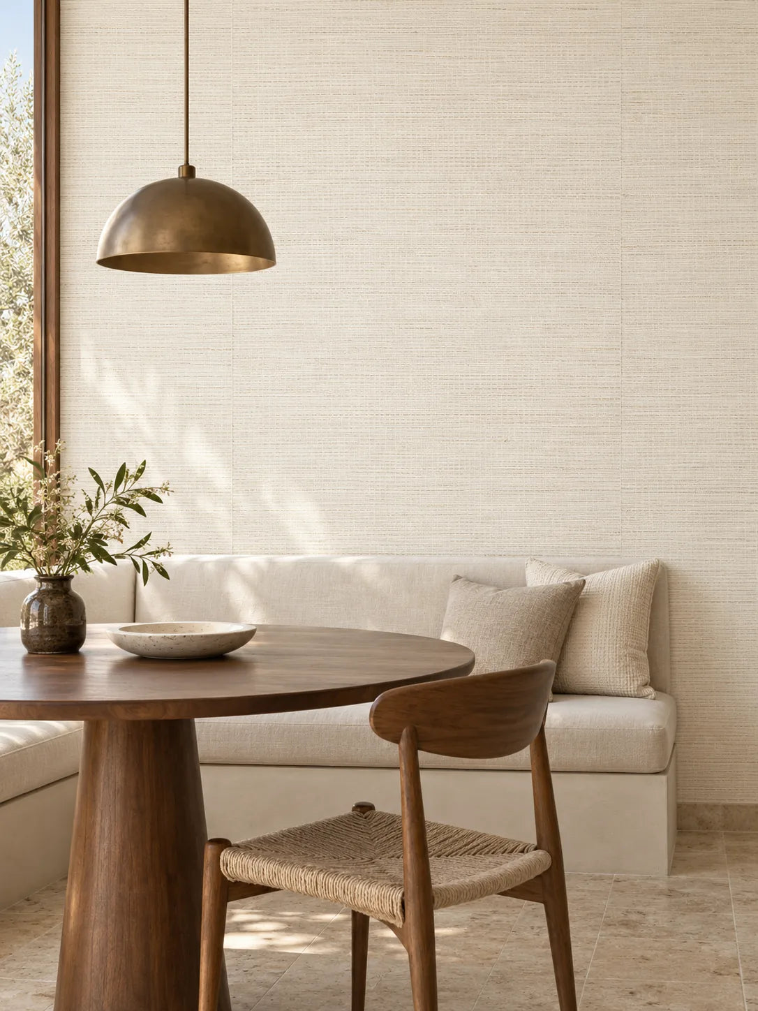 Ivory Basketweave Abaca Wallpaper — styled modern dining banquette visualisation of tone and texture, with subtle flush wallpaper joins