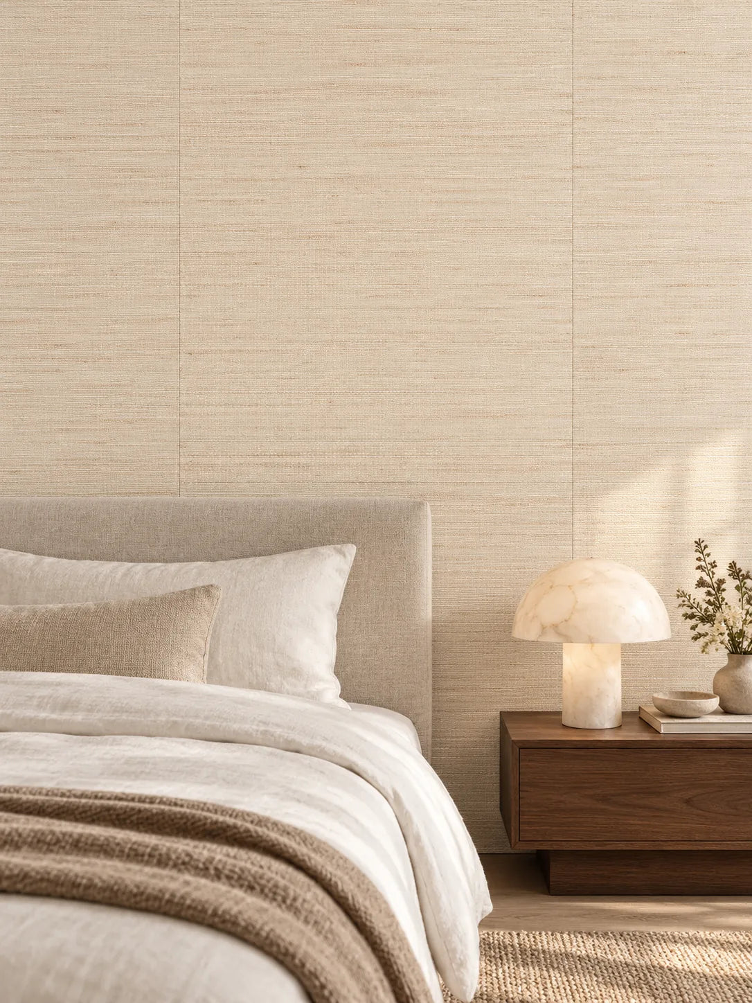 Oatmeal Woven Abaca and Linen Wallpaper — styled layered linen bedroom visualisation of tone and texture, with subtle flush wallpaper joins