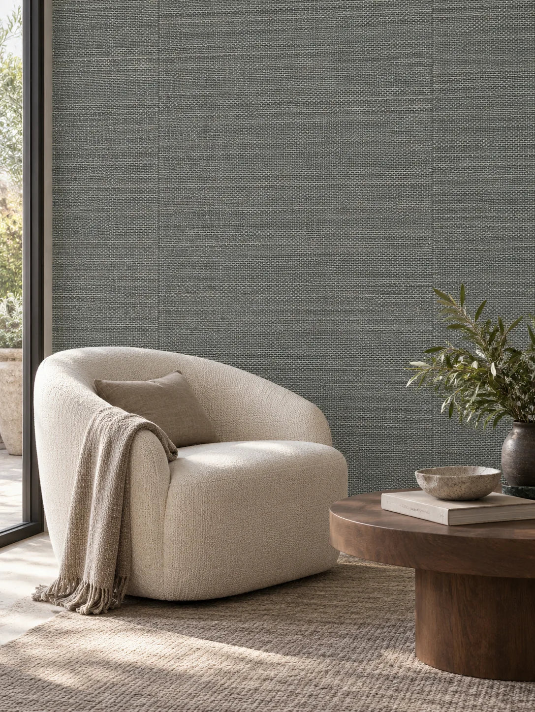 Slate Grey Basketweave Abaca with Metal Wallpaper — styled terrace sitting room visualisation of tone and texture, with subtle flush wallpaper joins