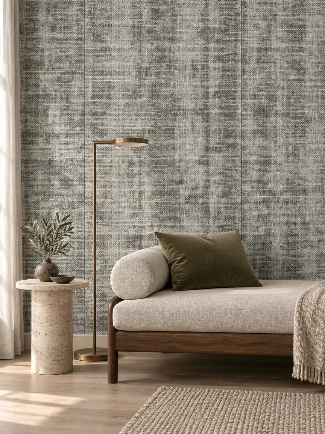 Grey and Ivory Woven Abaca with Metal Wallpaper — styled quiet guest sitting room visualisation of tone and texture, with subtle flush wallpaper joins
