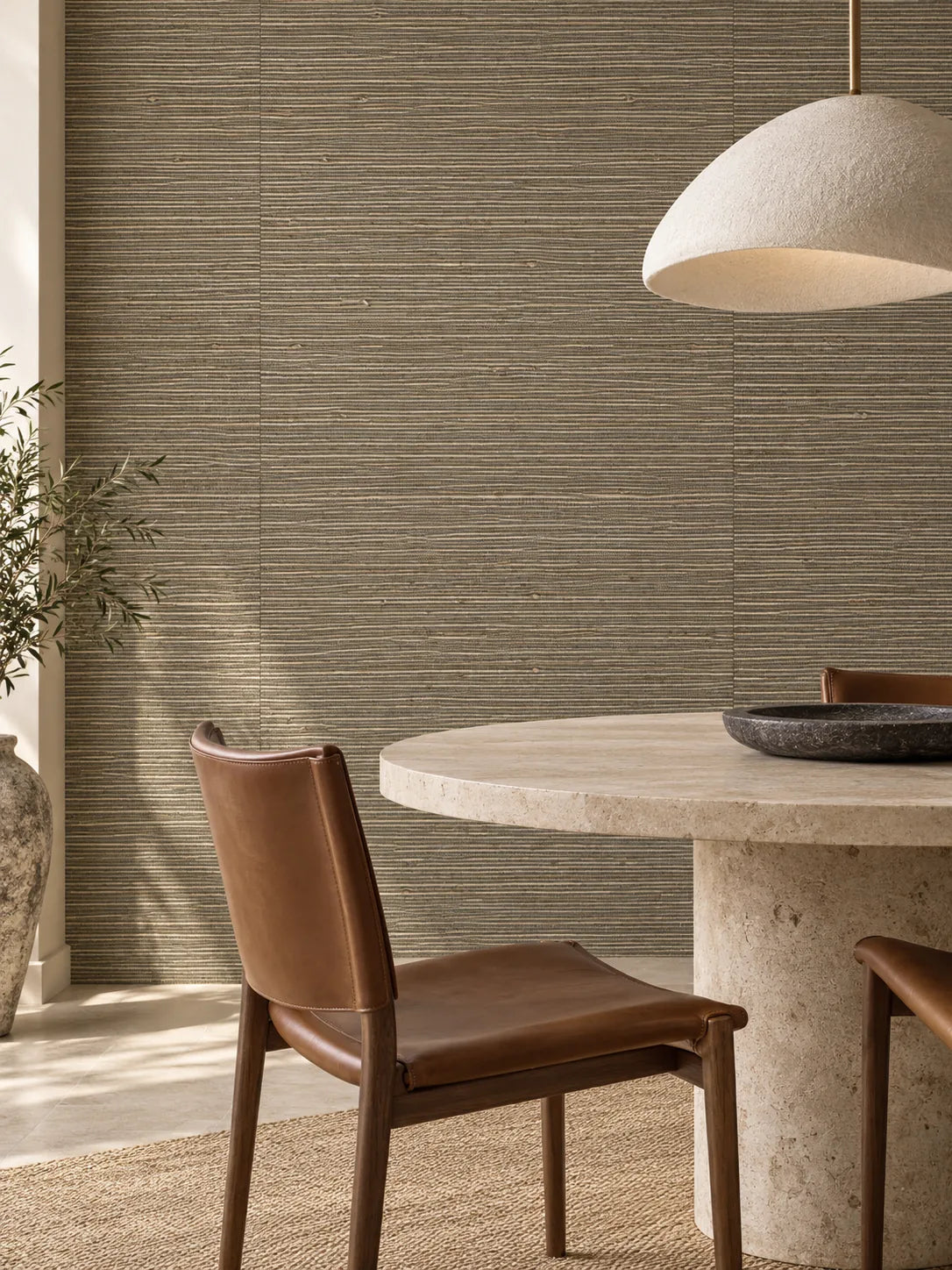 Bronze Olive Linear Abaca Wallpaper — styled limestone dining room visualisation of tone and texture, with subtle flush wallpaper joins