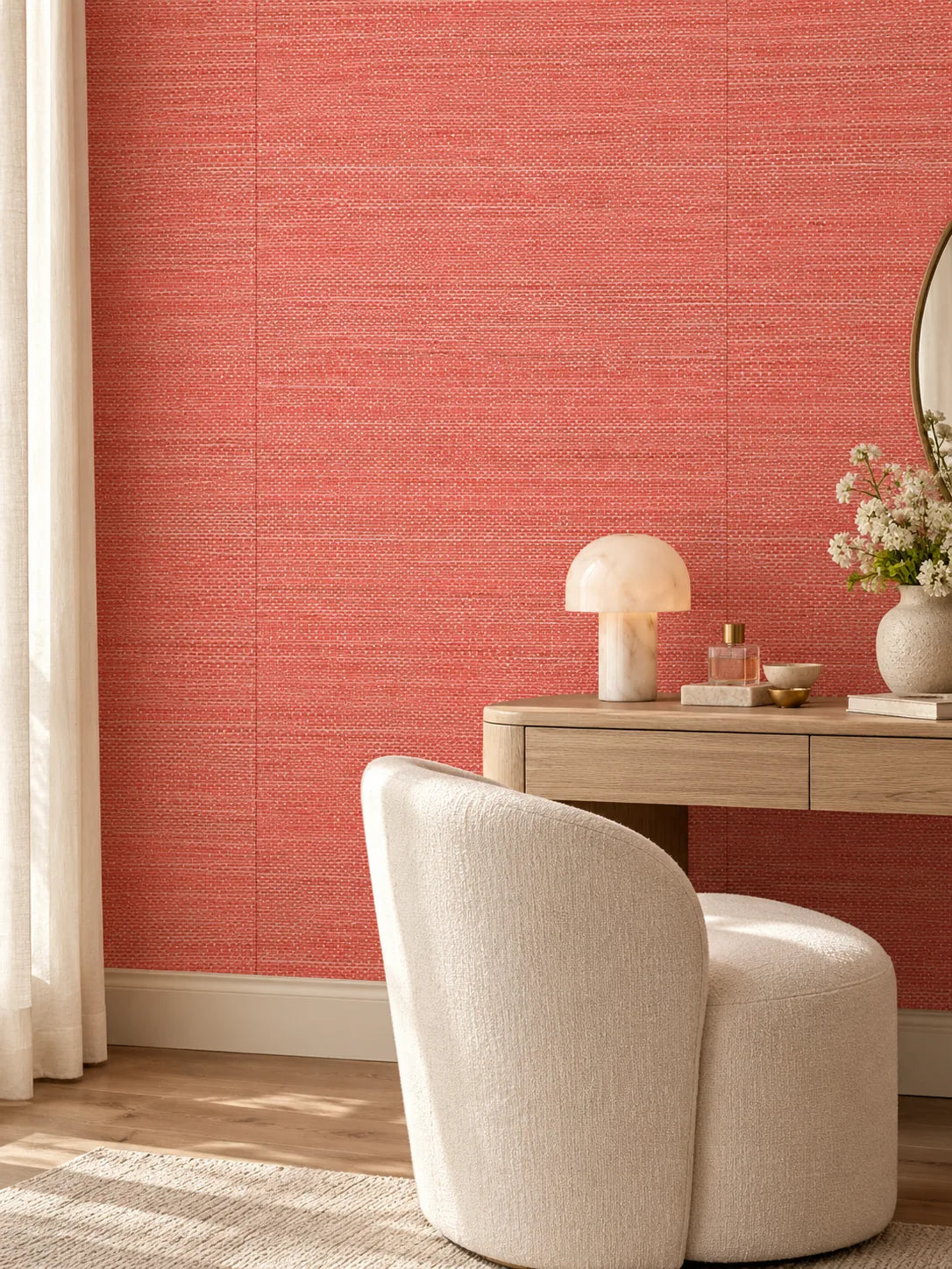 Coral Pink Textured Abaca Wallpaper — styled modern boudoir visualisation of tone and texture, with subtle flush wallpaper joins