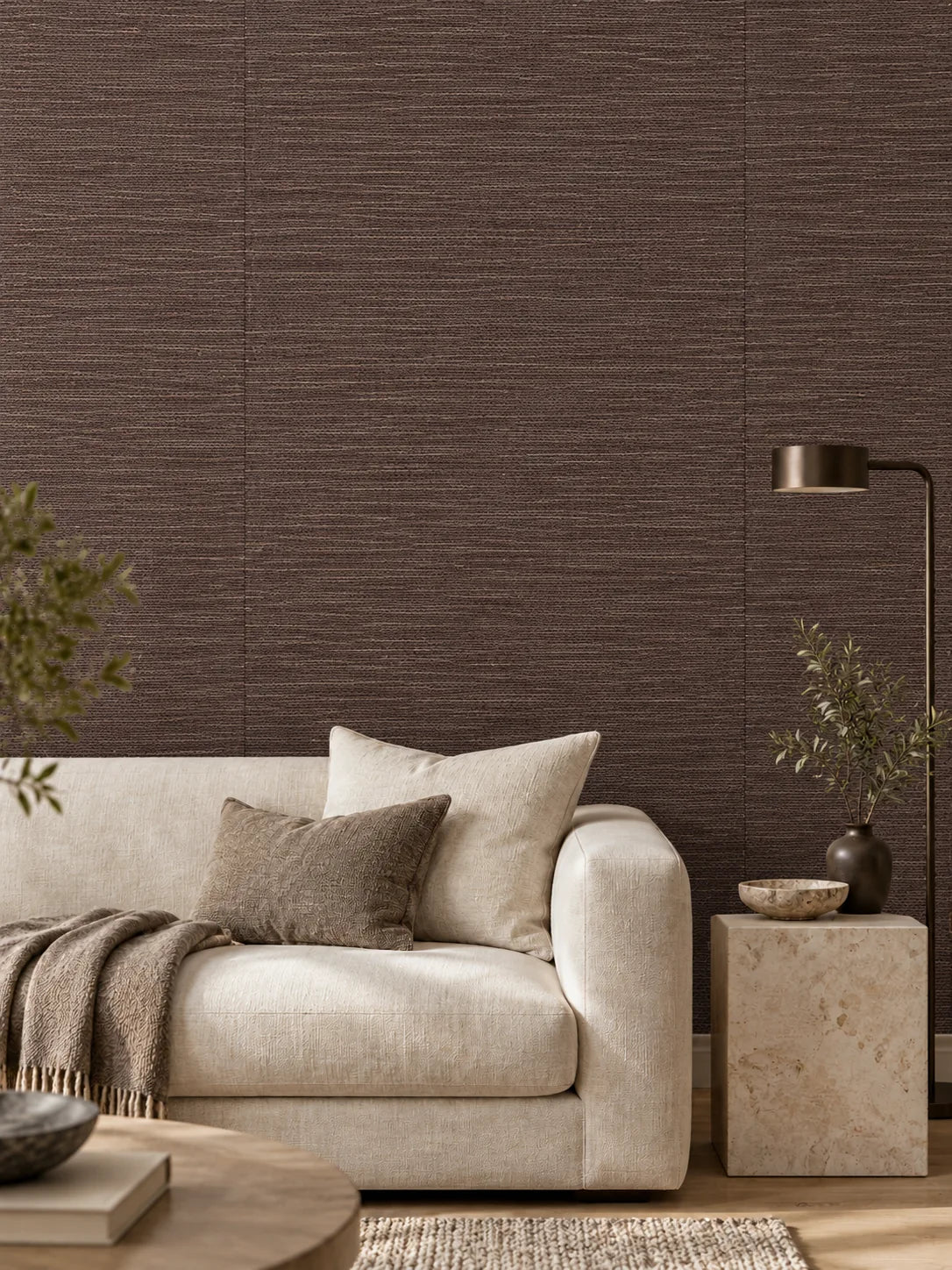 Dark Chocolate Brown Textured Abaca Wallpaper — styled limestone sitting room - fine weave v2 visualisation of tone and texture, with subtle flush wallpaper joins