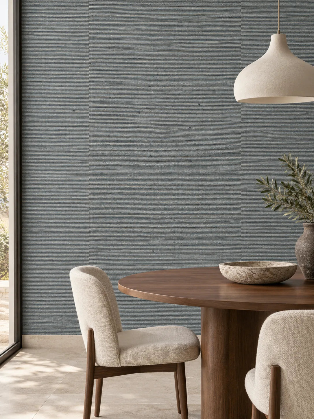 Slate Blue Grey Fine Weave Abaca Wallpaper — styled evergreen dining corner visualisation of tone and texture, with subtle flush wallpaper joins