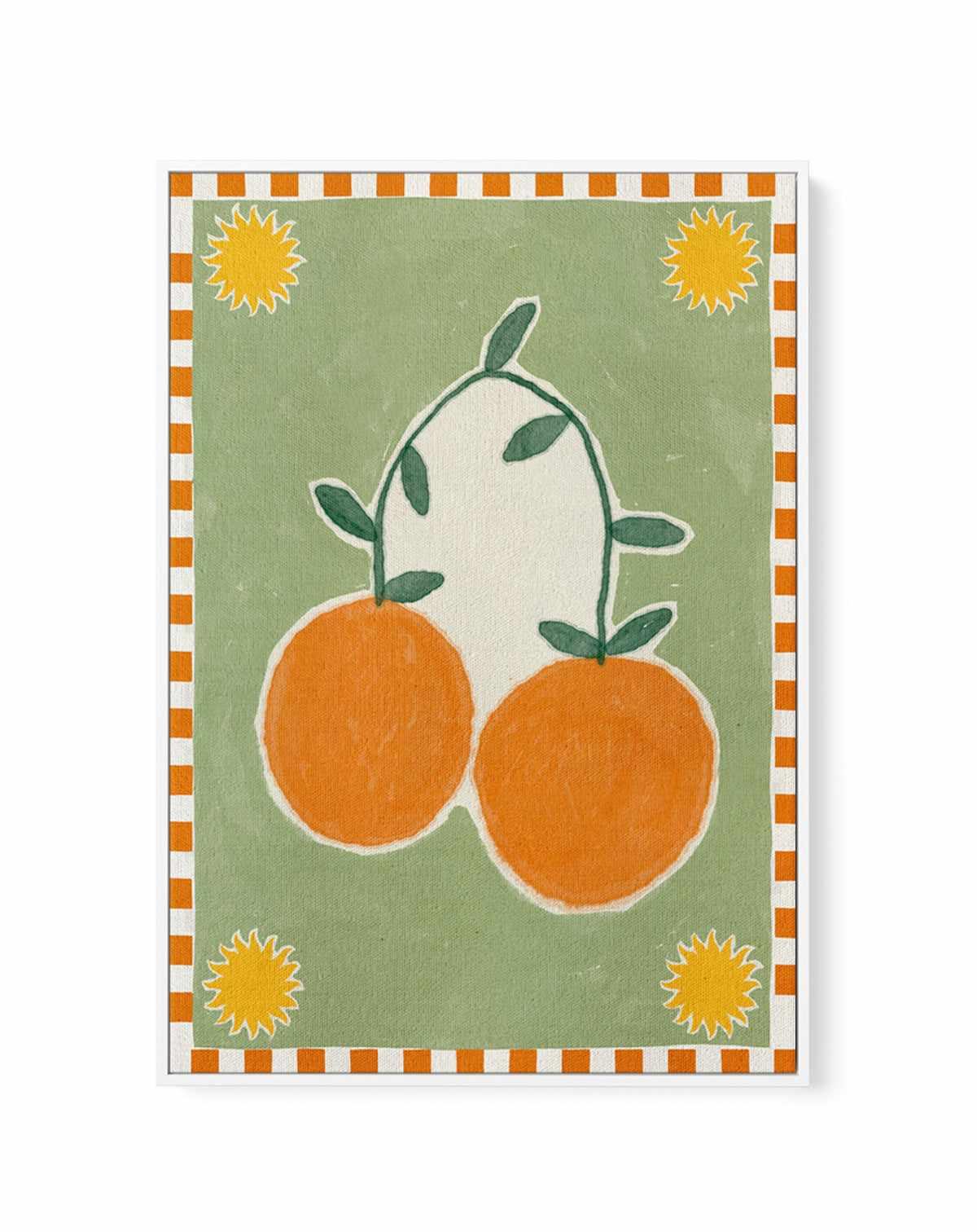Orange Fruit On Green Background by Shatha Al Dafai | Framed Canvas Art Print from Olive et Oriel where you can shop wallpaper and artworks online