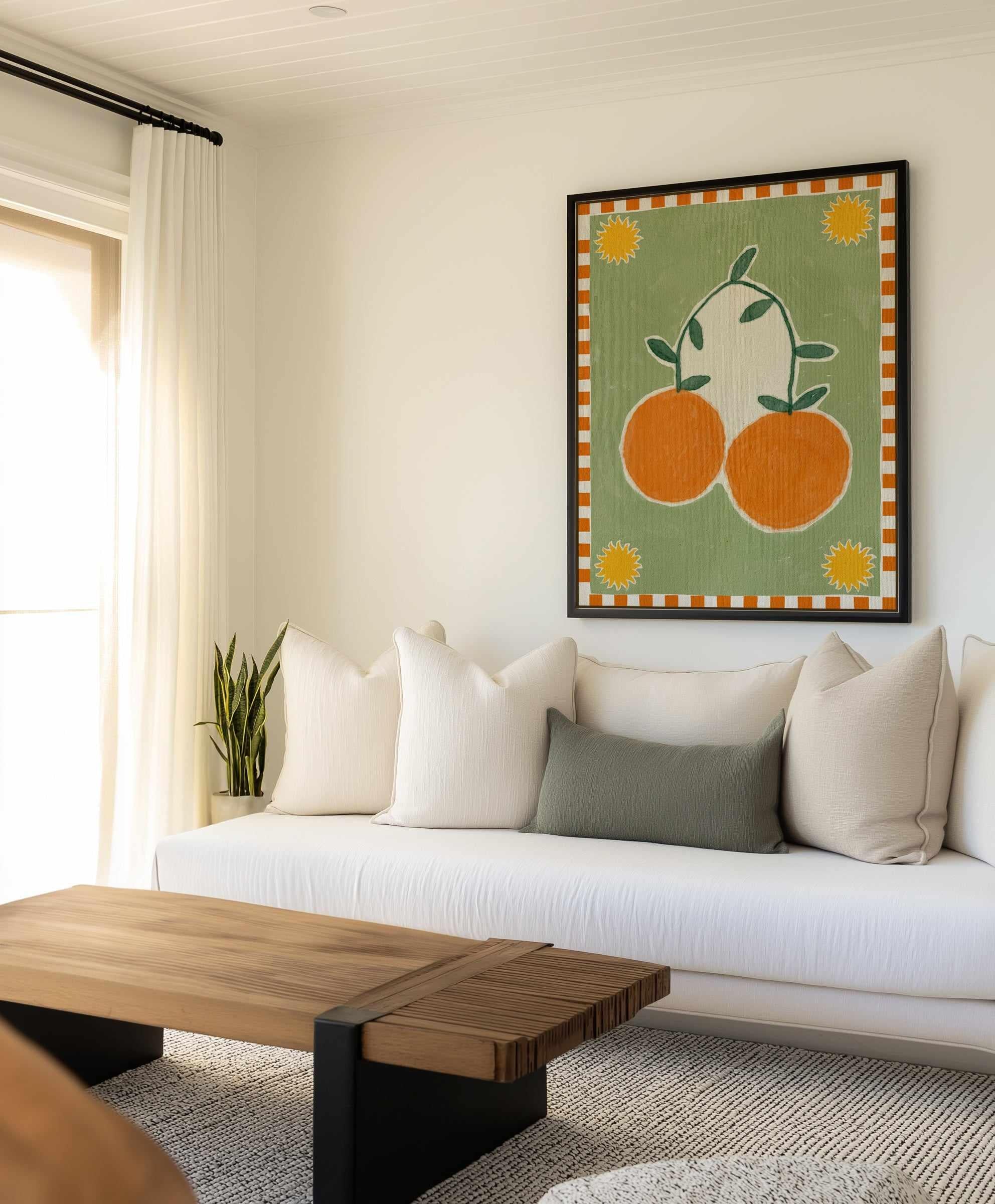 Orange Fruit On Green Background by Shatha Al Dafai | Framed Canvas Art Print