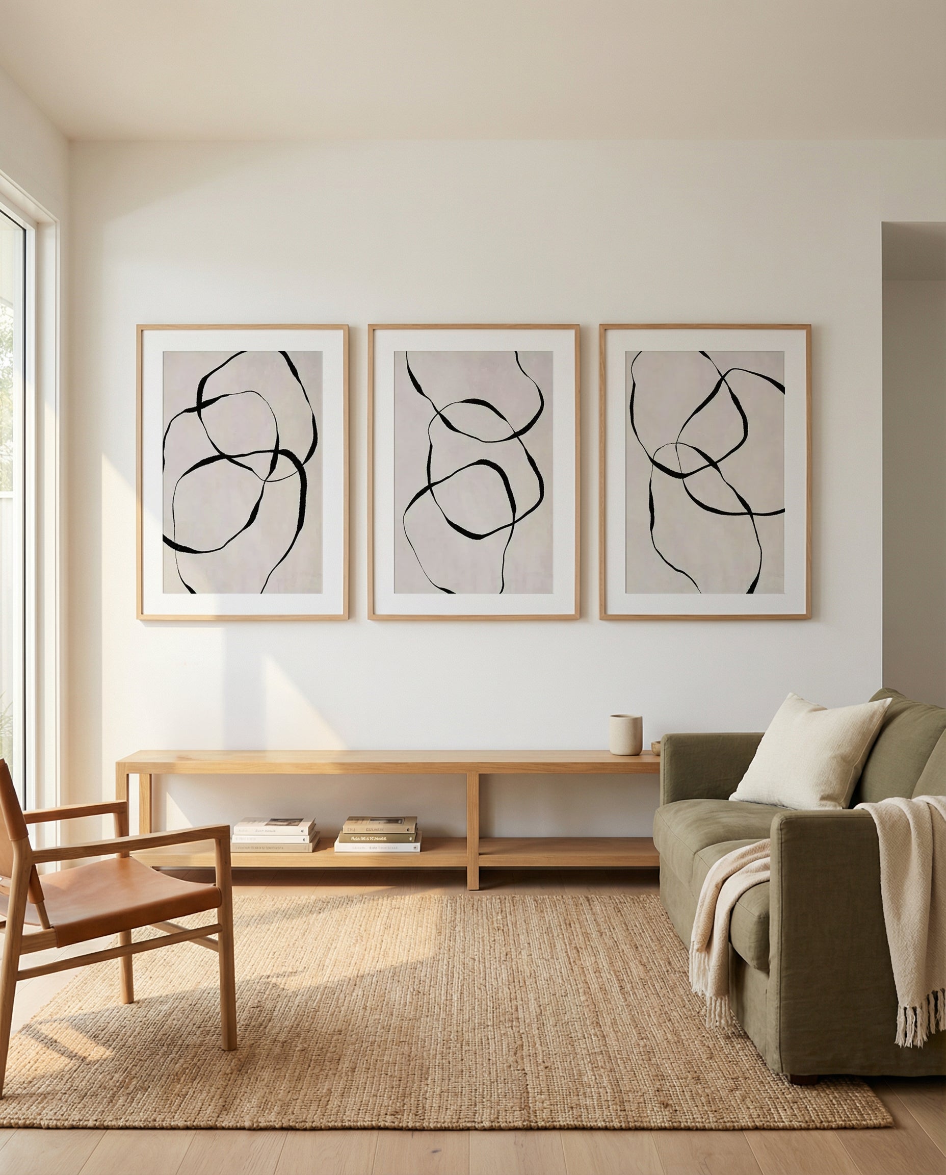 Objects Line Art I, II & III | 3 Piece Wall Art Set in Beige and Black abstract art print oak frame with white border