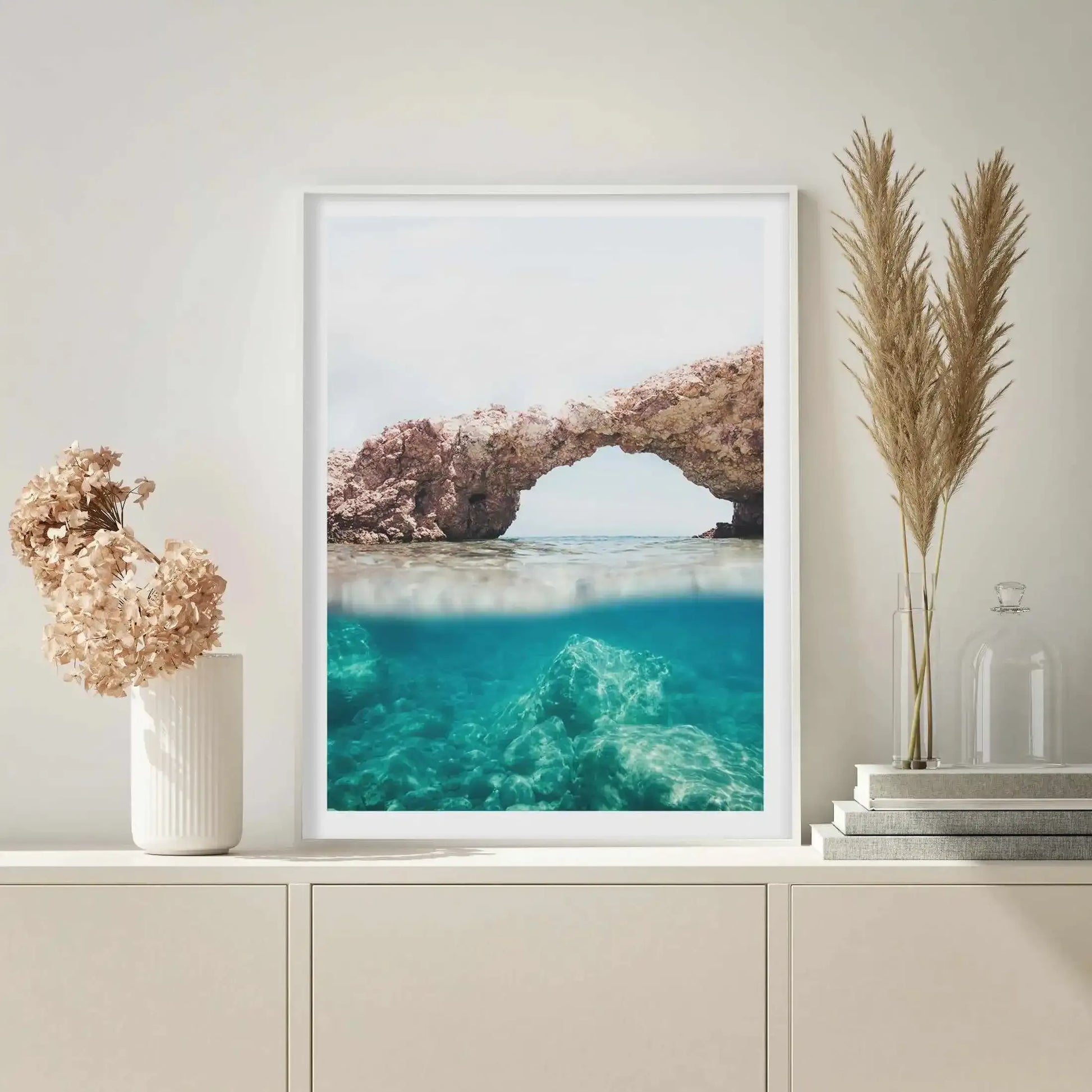 Ocean Arches Art Print-Shop Greece Wall Art Prints Online with Olive et Oriel - Our collection of Greek Islands art prints offer unique wall art including blue domes of Santorini in Oia, mediterranean sea prints and incredible posters from Milos and other Greece landscape photography - this collection will add mediterranean blue to your home, perfect for updating the walls in coastal, beach house style. There is Greece art on canvas and extra large wall art with fast, free shipping across Austra