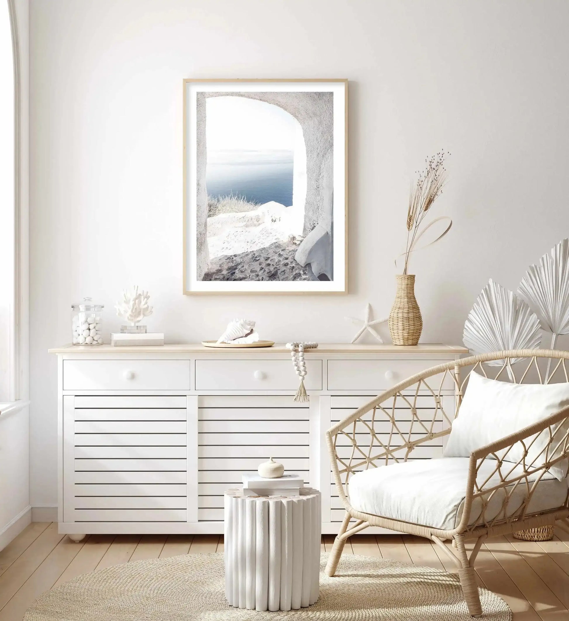 Ocean View | Santorini Art Print-Shop Greece Wall Art Prints Online with Olive et Oriel - Our collection of Greek Islands art prints offer unique wall art including blue domes of Santorini in Oia, mediterranean sea prints and incredible posters from Milos and other Greece landscape photography - this collection will add mediterranean blue to your home, perfect for updating the walls in coastal, beach house style. There is Greece art on canvas and extra large wall art with fast, free shipping acr