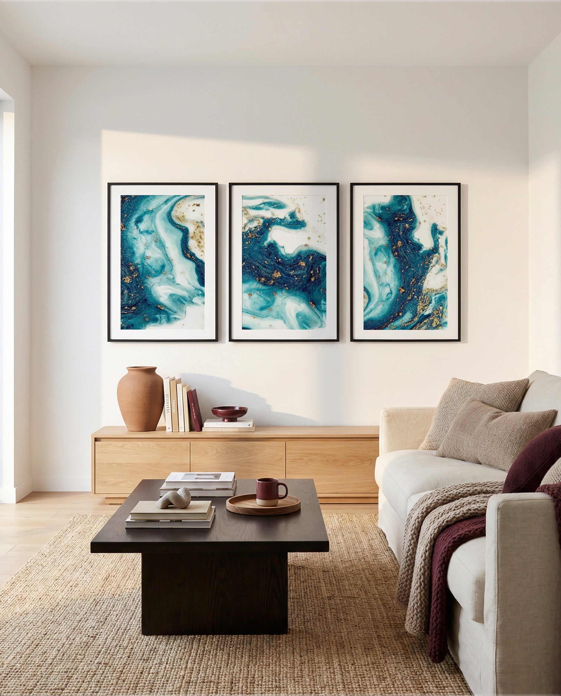 Ocean Marble I, II & III | 3 Piece Wall Art Set in Blue and White art print oak frame with white border