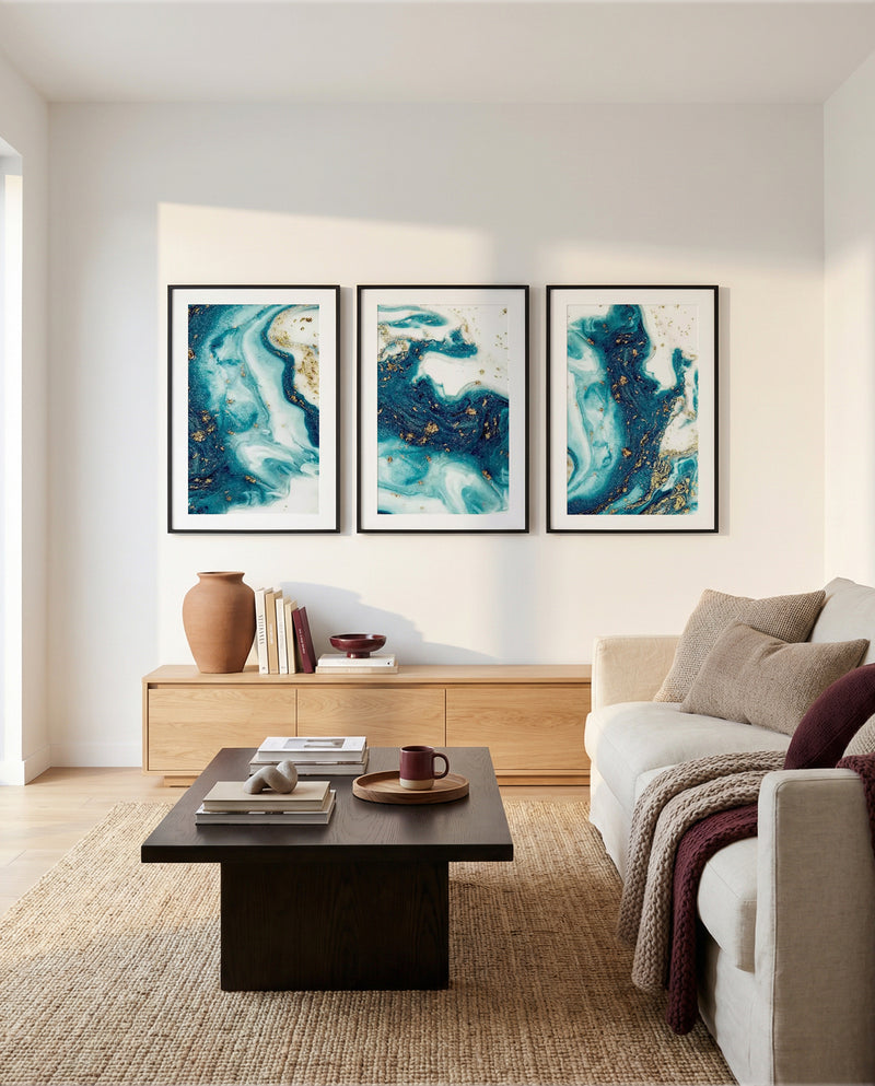 Ocean Marble I, II & III | 3 Piece Wall Art Set in Blue and White art print oak frame with white border