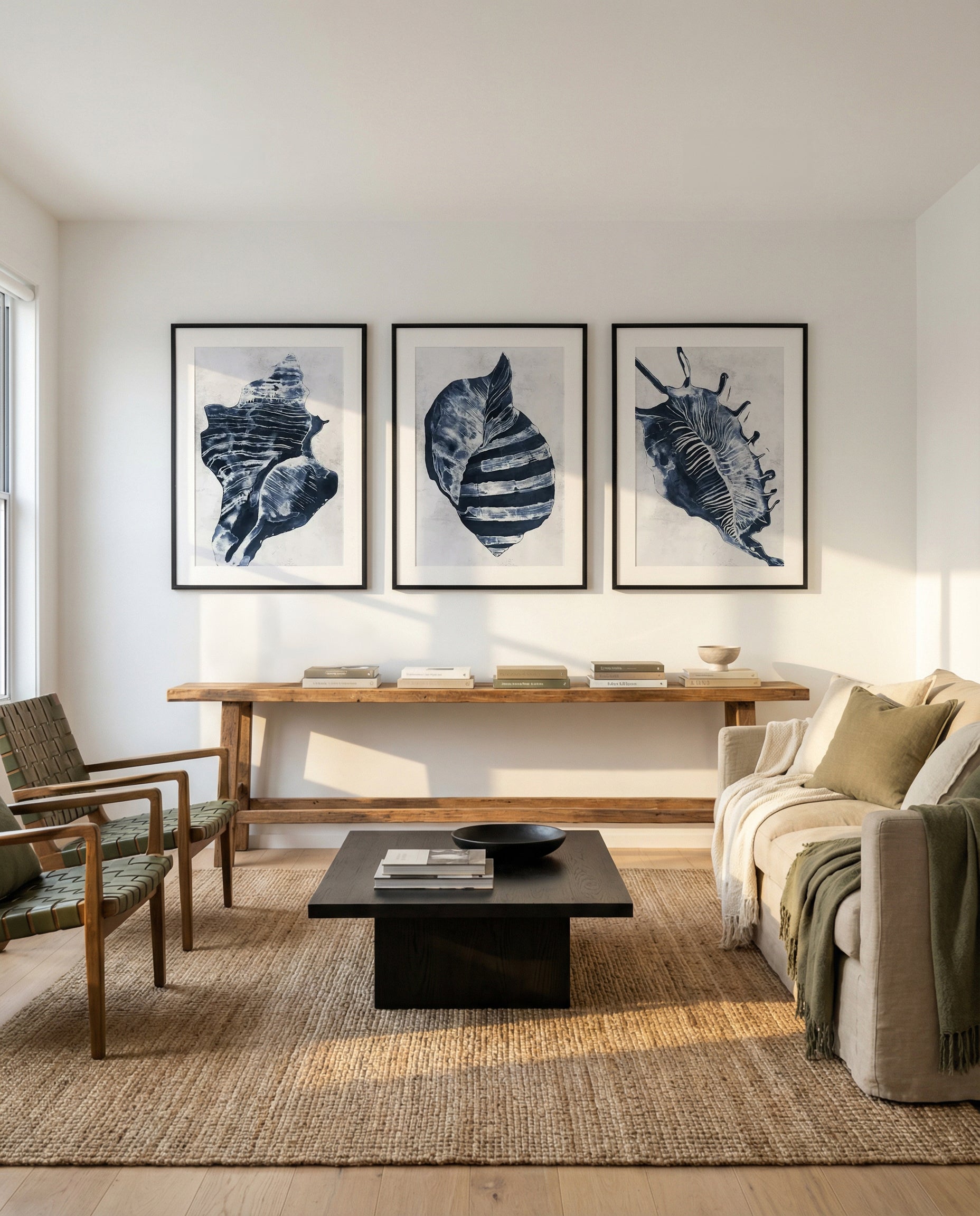 Ocean Seashell I, II & III by Jess Mckinnon | 3 Piece Wall Art Set in Blue art print oak frame with white border