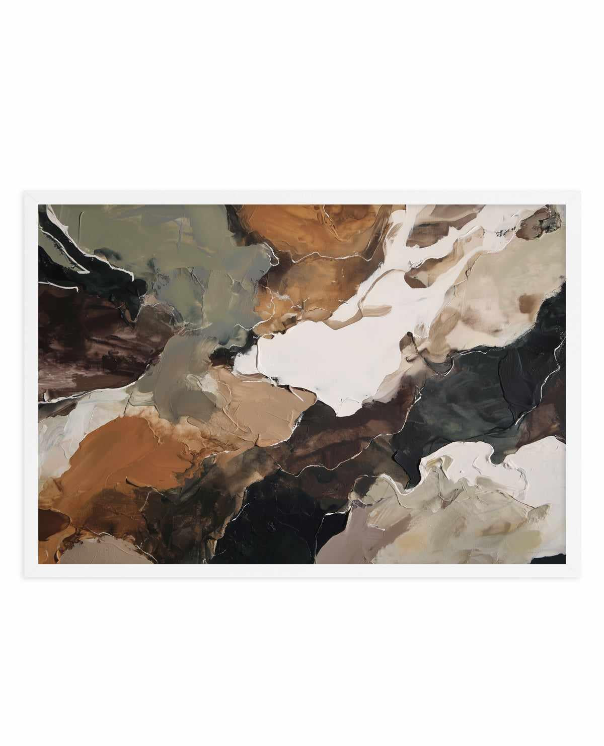 Abstract art print titled Ochre Ridge I featuring organic, flowing shapes in warm ochre, burnt orange, deep charcoal black, cream, and soft sage green tones. The composition uses fluid brushwork and watercolor-like washes that blend and overlap, creating a landscape-inspired abstract design. The artwork is presented in a white frame with white border, displayed against a neutral background.