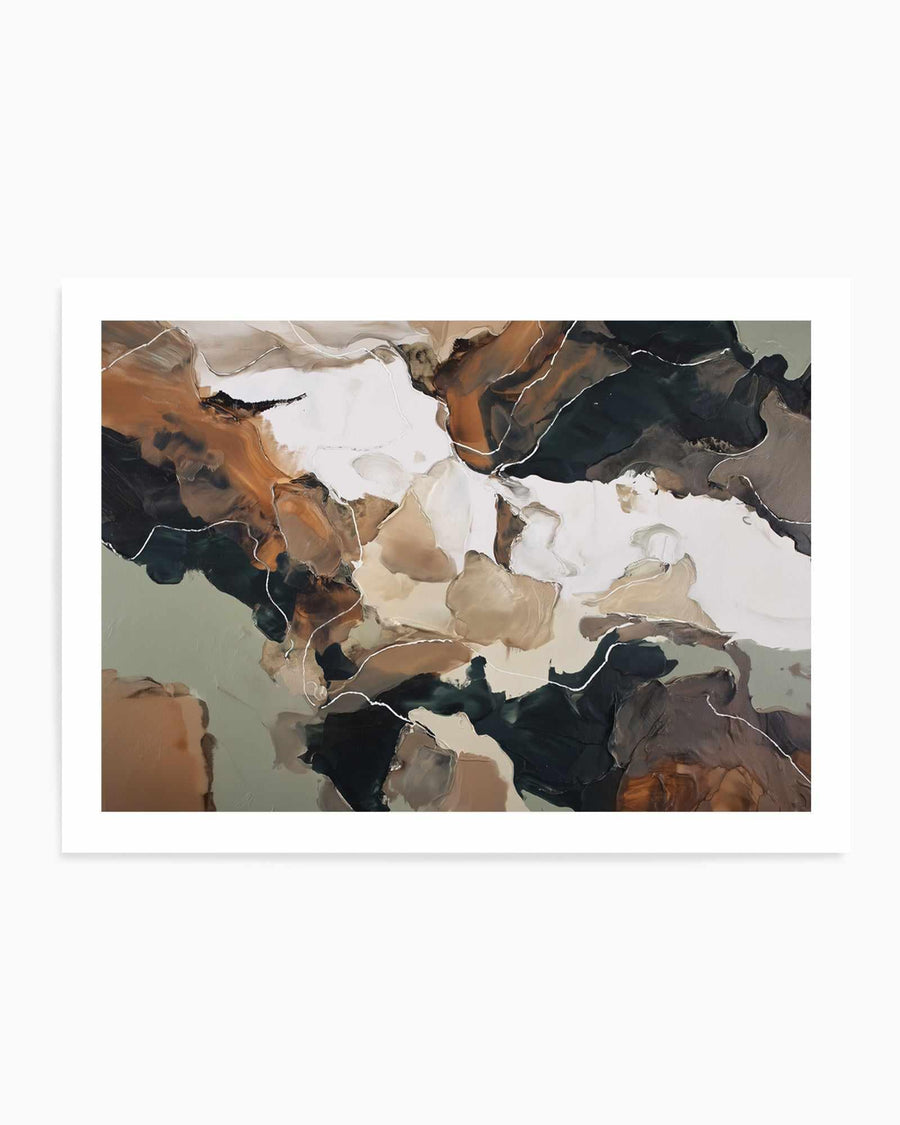 Abstract watercolor art print titled Ochre Ridge II featuring organic, flowing shapes in warm ochre, burnt orange, and deep charcoal black tones against a pale cream and white background. Delicate white linear details outline and separate the layered pigments, creating a sense of movement and depth. The composition suggests an aerial or geological perspective with earthy, natural colors blending and pooling. Presented in a white frame with white border.