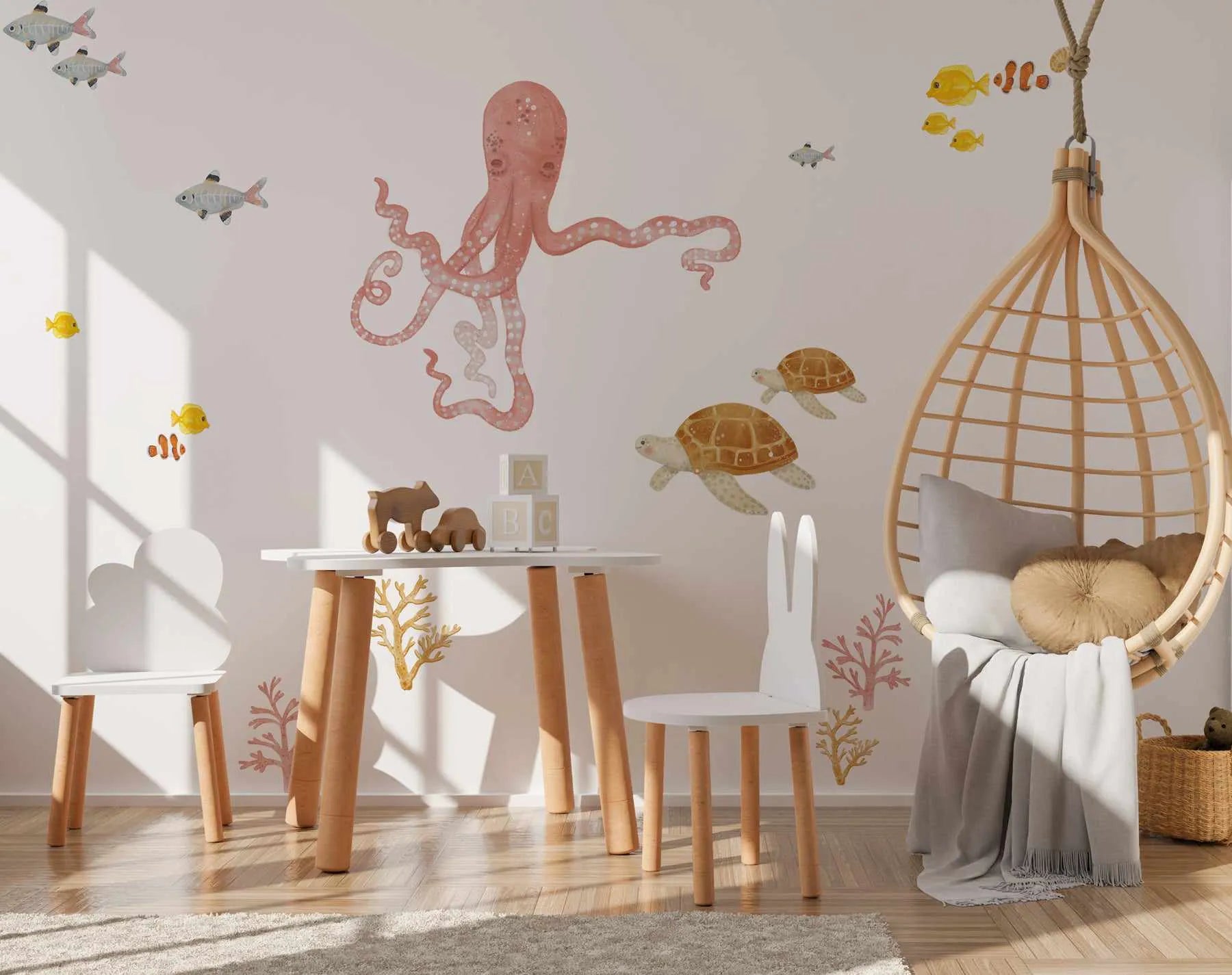 Octopus & Ocean Friends Decal Set-Decals-Olive et Oriel-Decorate your kids bedroom wall decor with removable wall decals, these fabric kids decals are a great way to add colour and update your children's bedroom. Available as girls wall decals or boys wall decals, there are also nursery decals.