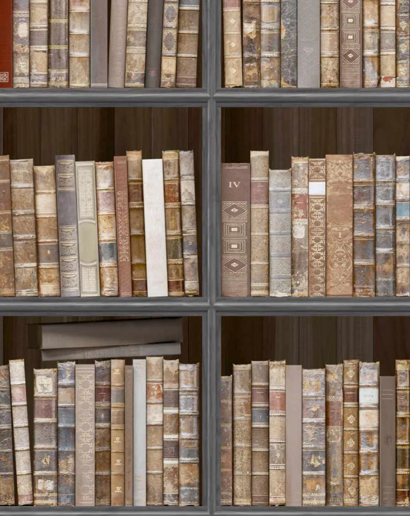 Peel and stick wallpaper featuring a repeating pattern of old books on a dark wooden bookshelf. The books have worn, textured spines in various shades of brown, beige, grey, and muted red, with some showing decorative patterns and Roman numerals like "IV". The composition creates a realistic illusion of a full bookshelf, with some books slightly angled or stacked.