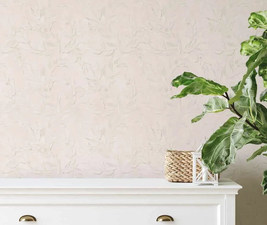 Olive Leaf Wallpaper in Blush Pink from Olive et Oriel where you can shop wallpaper and artworks online