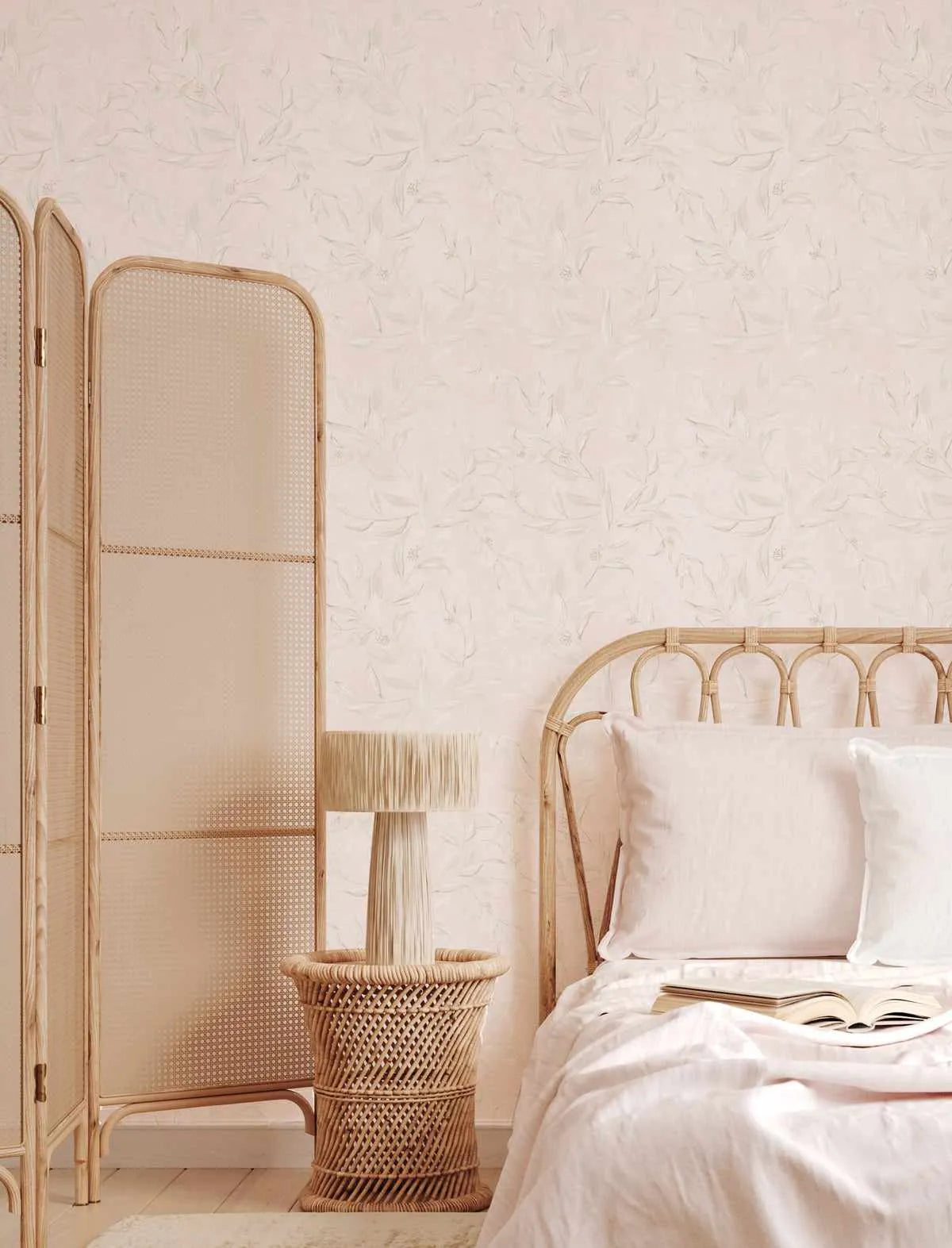 Olive Leaf Wallpaper in Blush Pink from Olive et Oriel where you can shop wallpaper and artworks online