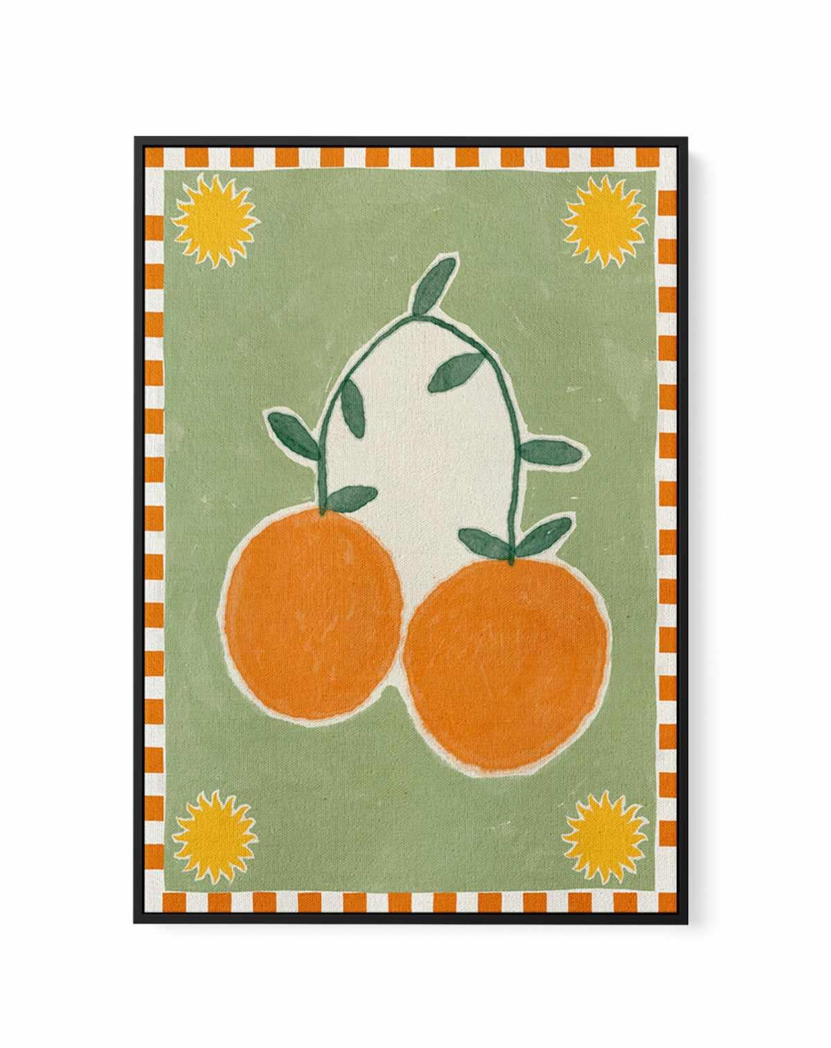 Orange Fruit On Green Background by Shatha Al Dafai | Framed Canvas Art Print from Olive et Oriel where you can shop wallpaper and artworks online