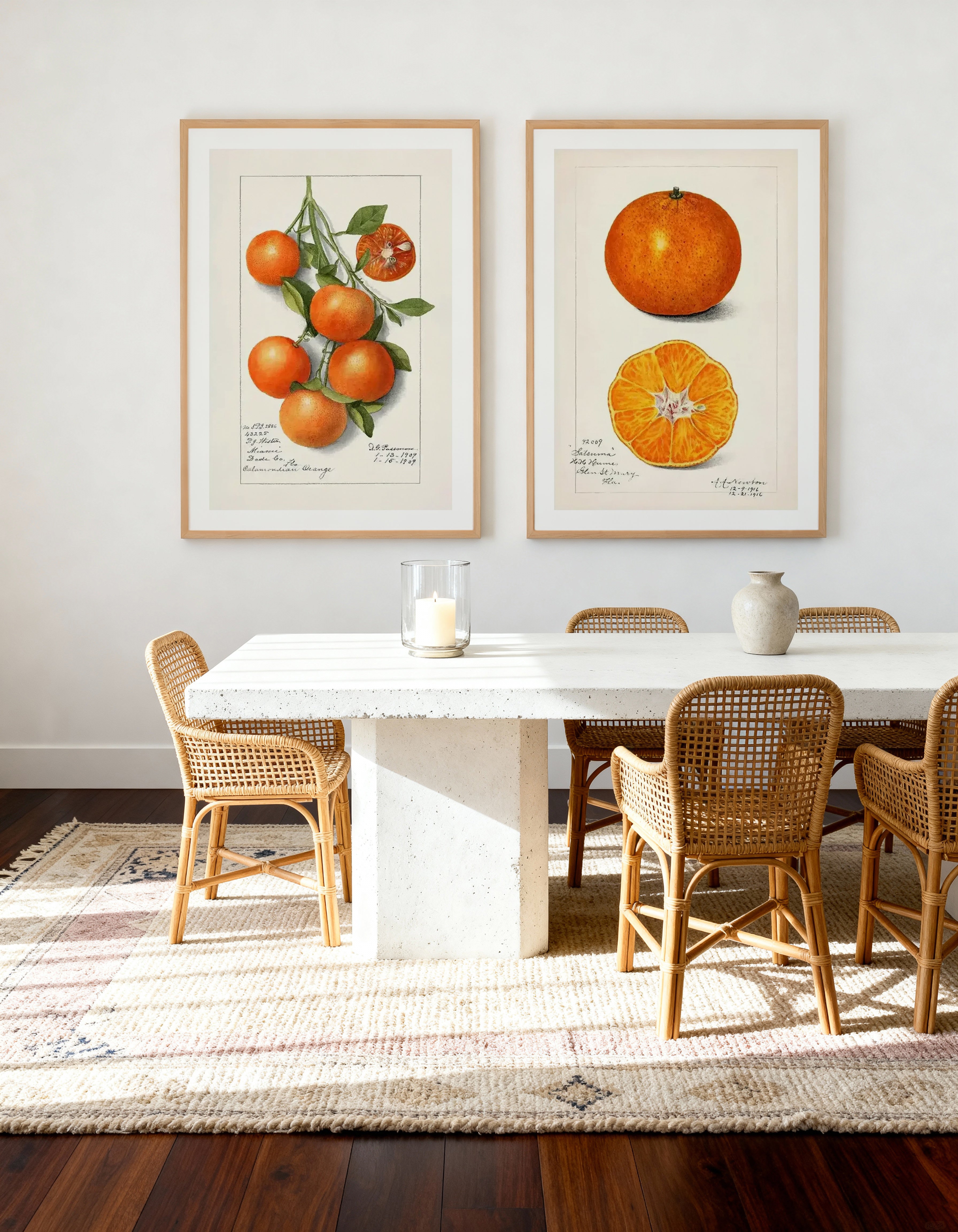 Orange Branch & Orange Vintage Poster Art Print Set of 2 | Matching Wall Art