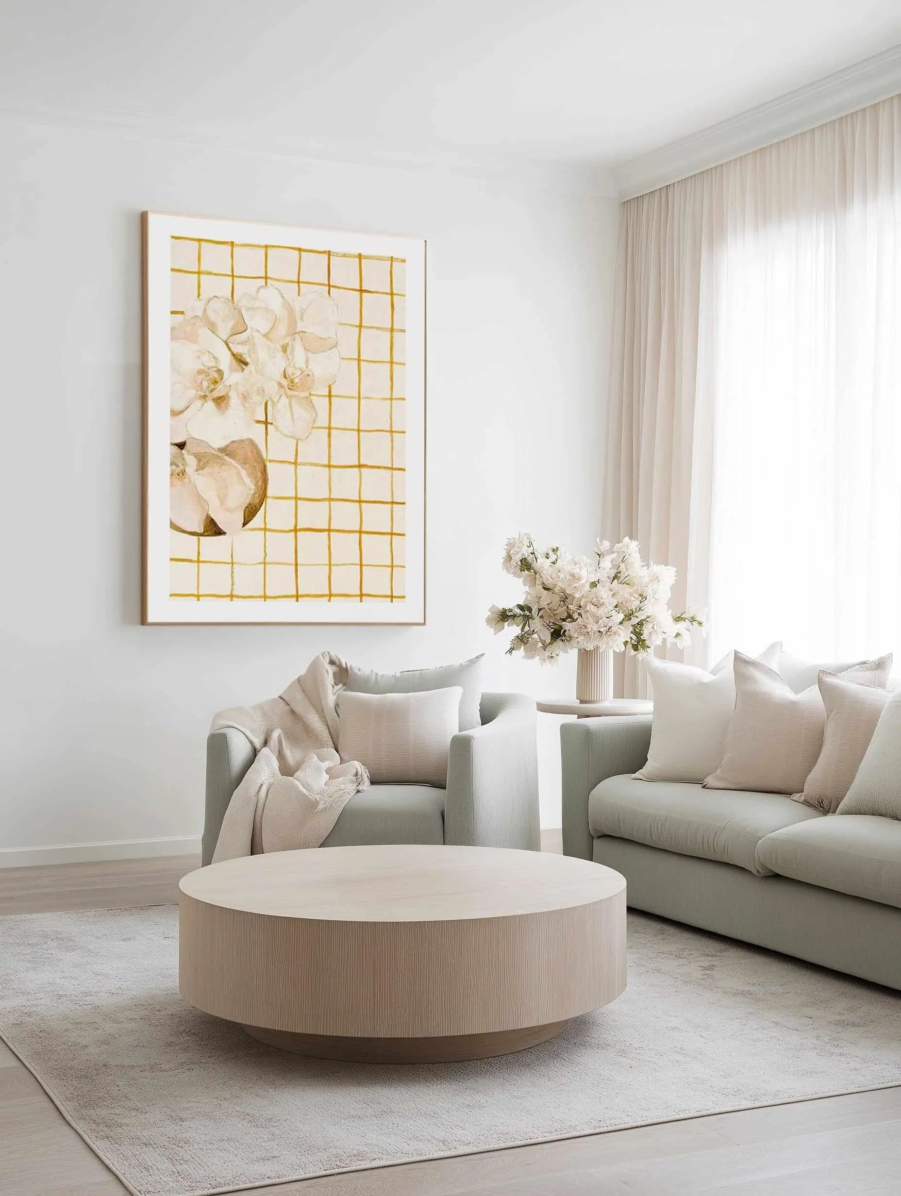 Orchids on Orange Checks by Natalie Jane Art Print from Olive et Oriel where you can shop wallpaper and artworks online