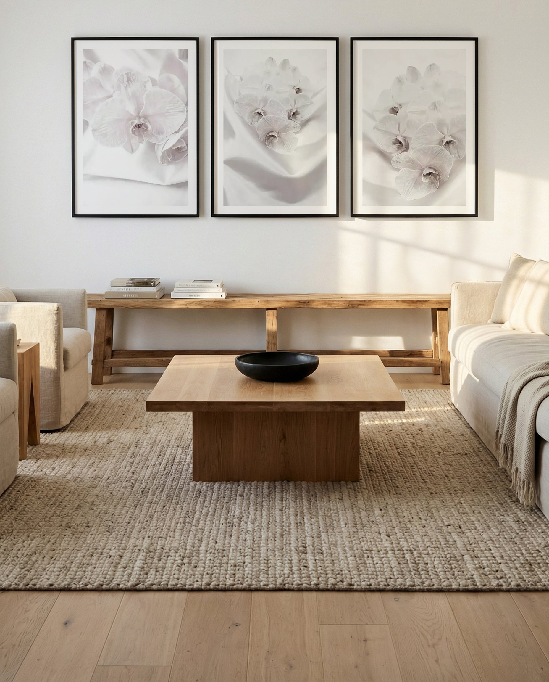 Orchids I, II & III | 3 Piece Wall Art Set in White art print oak frame with white border
