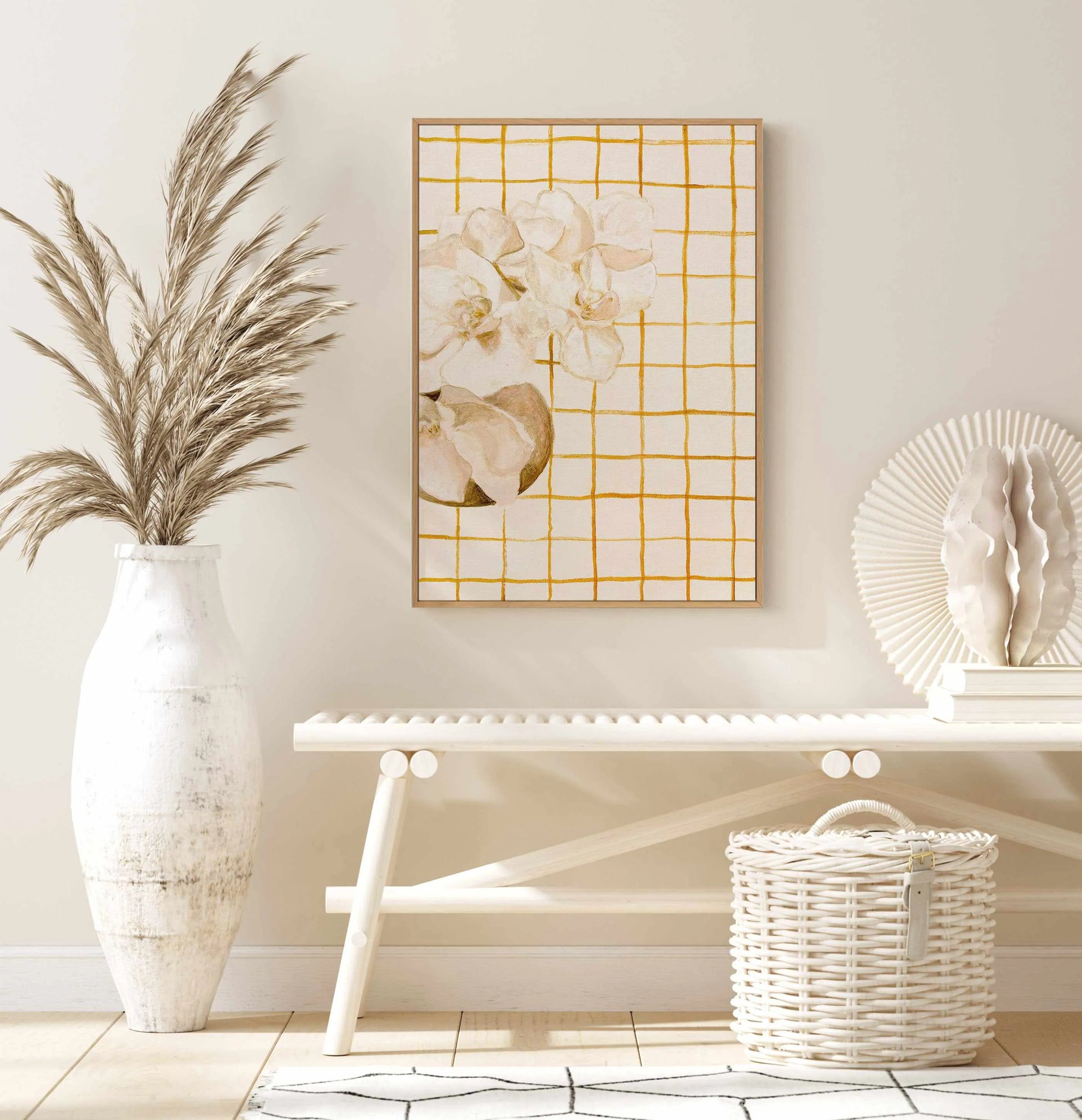 Orchids & Orange Checks by Natalie Jane | Framed Canvas Art Print from Olive et Oriel where you can shop wallpaper and artworks online