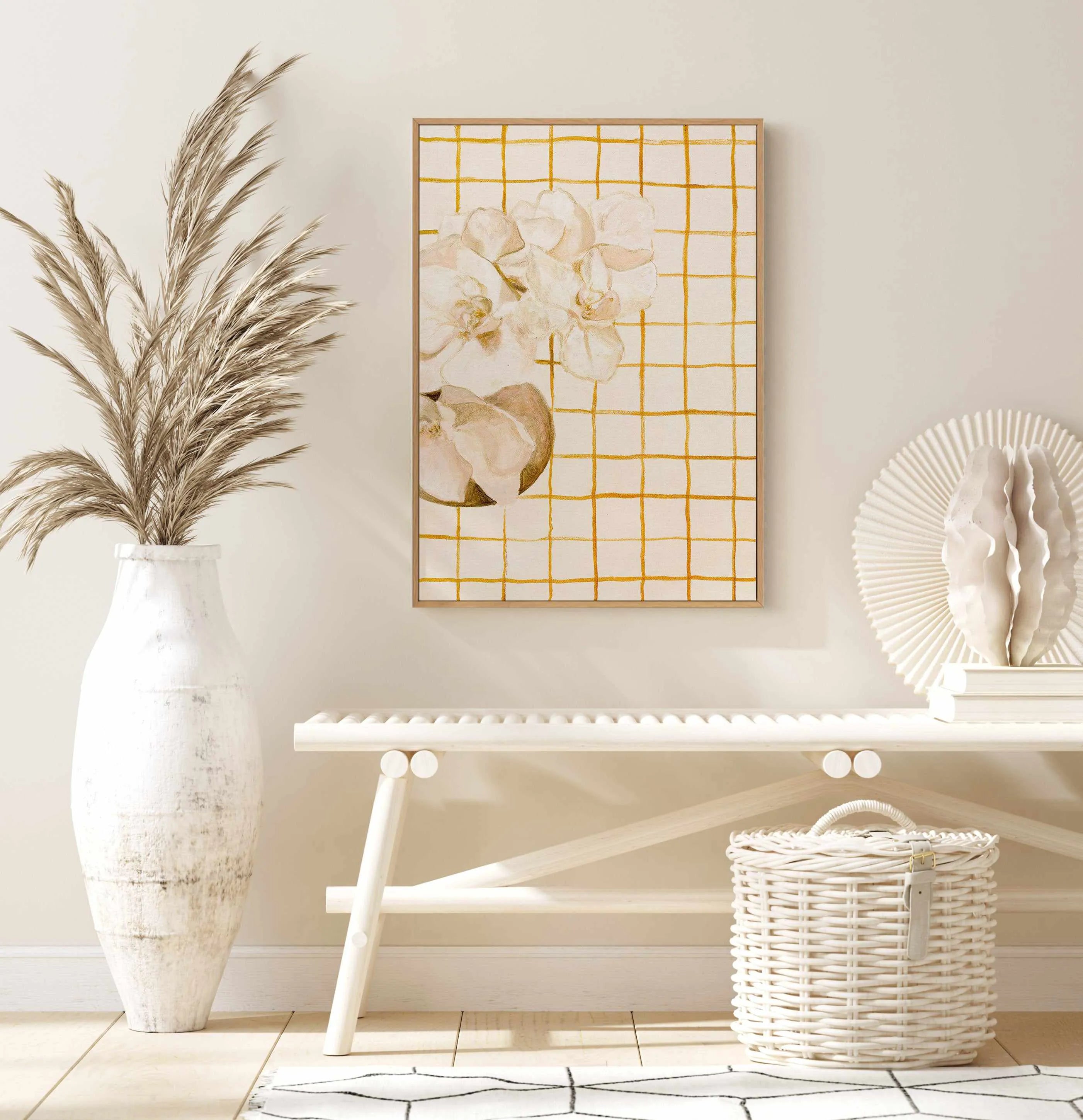 Orchids & Orange Checks by Natalie Jane | Framed Canvas Art Print from Olive et Oriel where you can shop wallpaper and artworks online