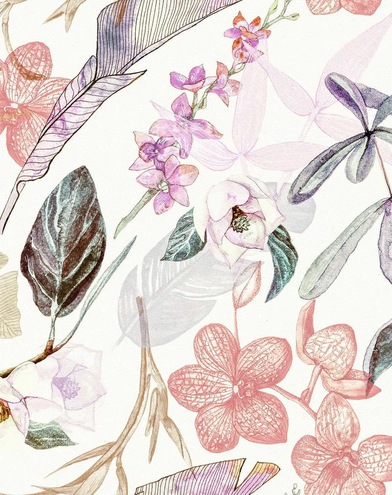 Peel and stick wallpaper featuring a repeating pattern of hand-painted oriental orchids and tropical leaves in soft pastel shades of lavender, blush pink, and muted green on a warm cream background. The botanical design has a delicate watercolour quality with visible brushstroke texture and some elements appearing as faint outlines.