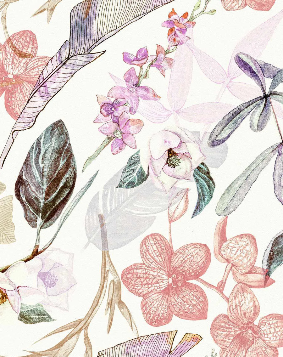 Peel and stick wallpaper featuring a repeating pattern of hand-painted oriental orchids and tropical leaves in soft pastel shades of lavender, blush pink, and muted green on a warm cream background. The botanical design has a delicate watercolour quality with visible brushstroke texture and some elements appearing as faint outlines.