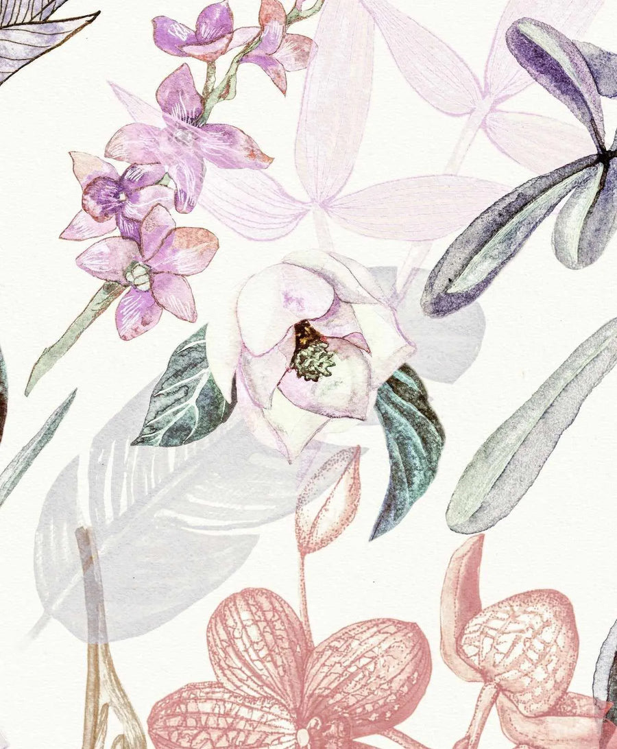 Peel and stick wallpaper featuring a repeating pattern of hand-painted oriental orchids and magnolia flowers in shades of lavender, soft pink, and muted green on a cream background. The botanical design has a loose, organic watercolor quality with visible brushstroke texture and subtle shadow details.
