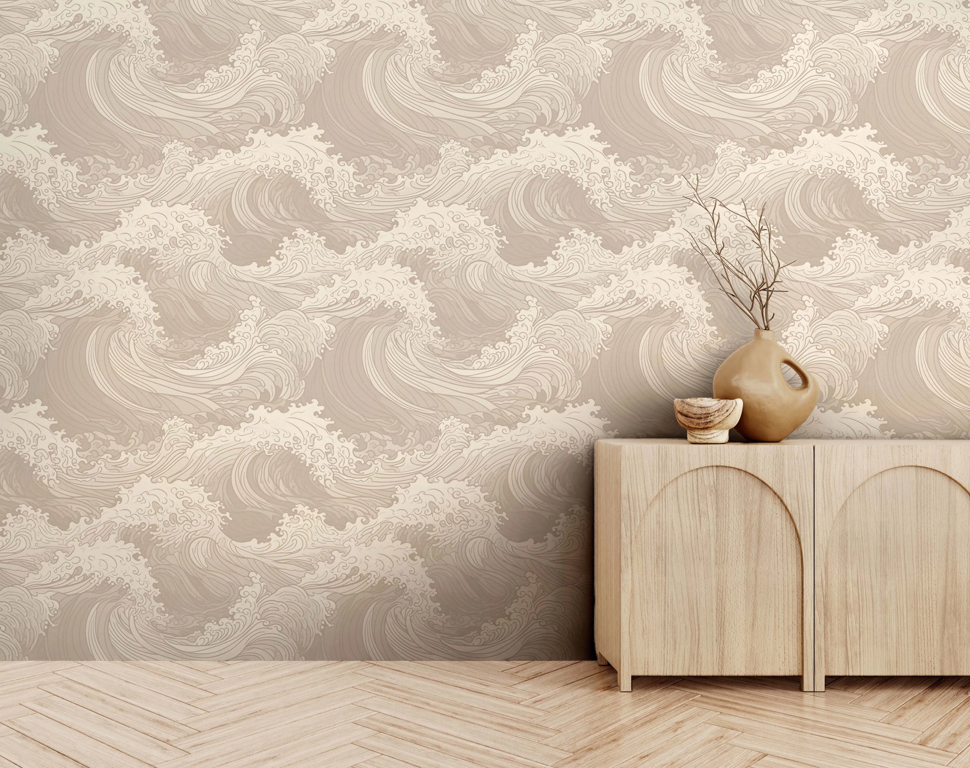 Oriental Waves in Beige Wallpaper from Olive et Oriel where you can shop wallpaper and artworks online