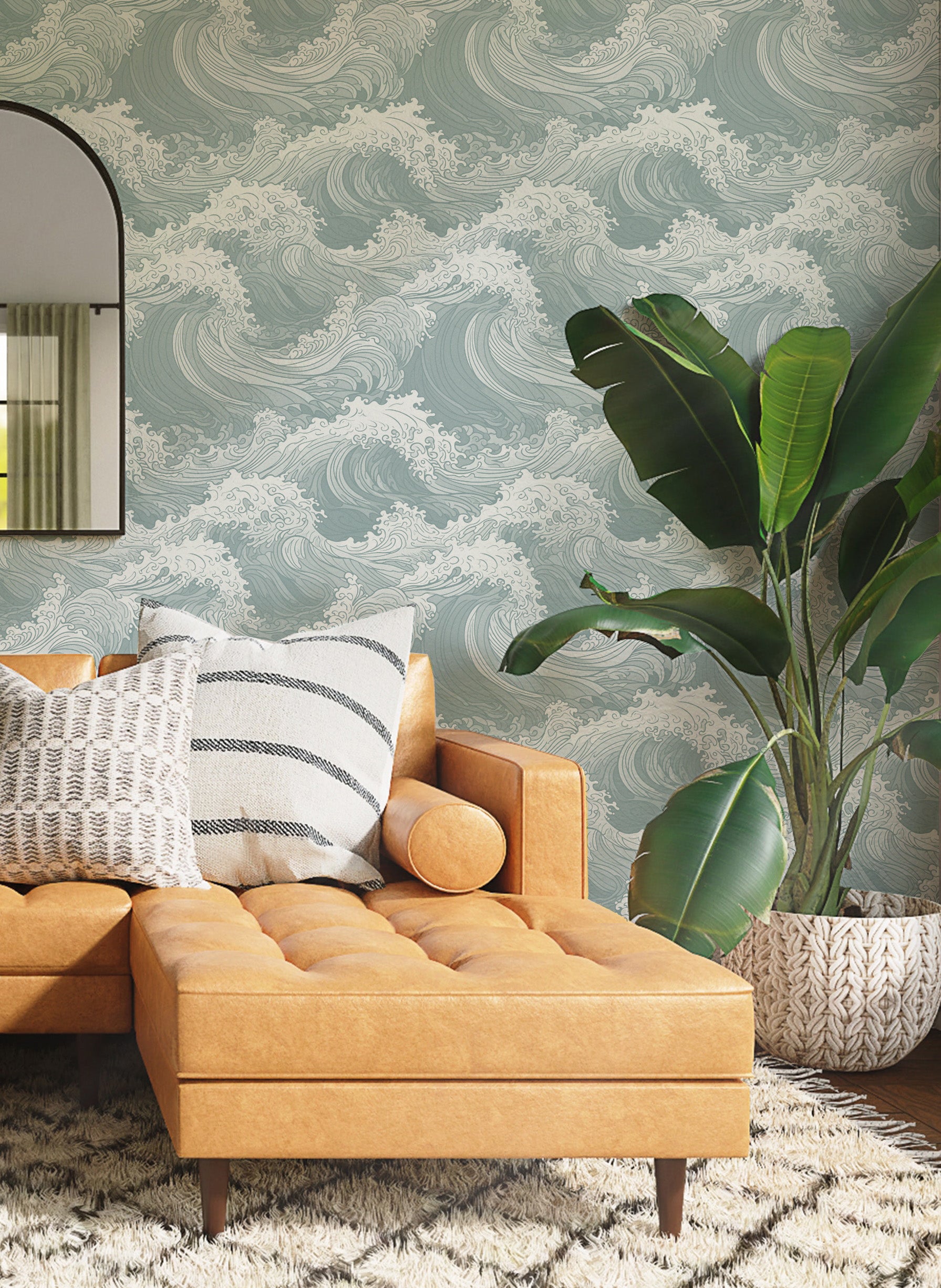 Oriental Waves in Jade Wallpaper