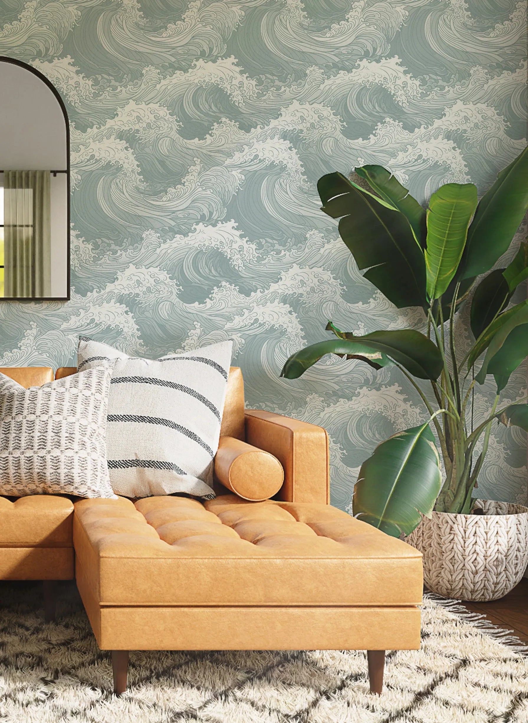 Oriental Waves in Jade Wallpaper from Olive et Oriel where you can shop wallpaper and artworks online